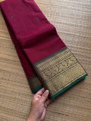 RF548 Maroon with green combination Kanchi cotton saree with handmade thread buttas