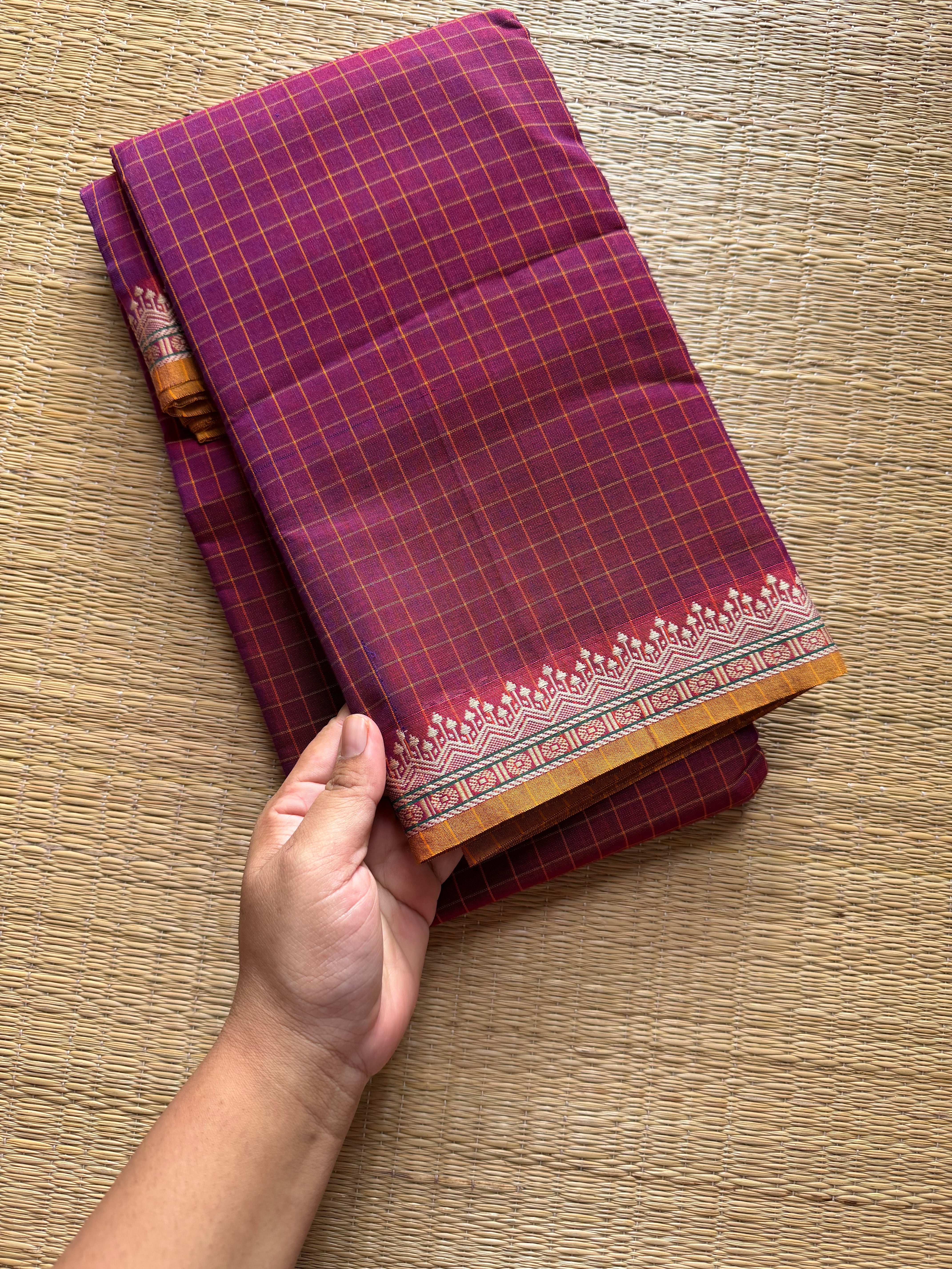 RF521 Magenta pink shade Mercerised Narayanpet cotton saree with contrast small border and checks / kattam pattern