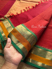 Premium 120 count soft handloom / hand woven Kanchi cotton saree with unique checks pattern & intricate Zari woven rich Pallu