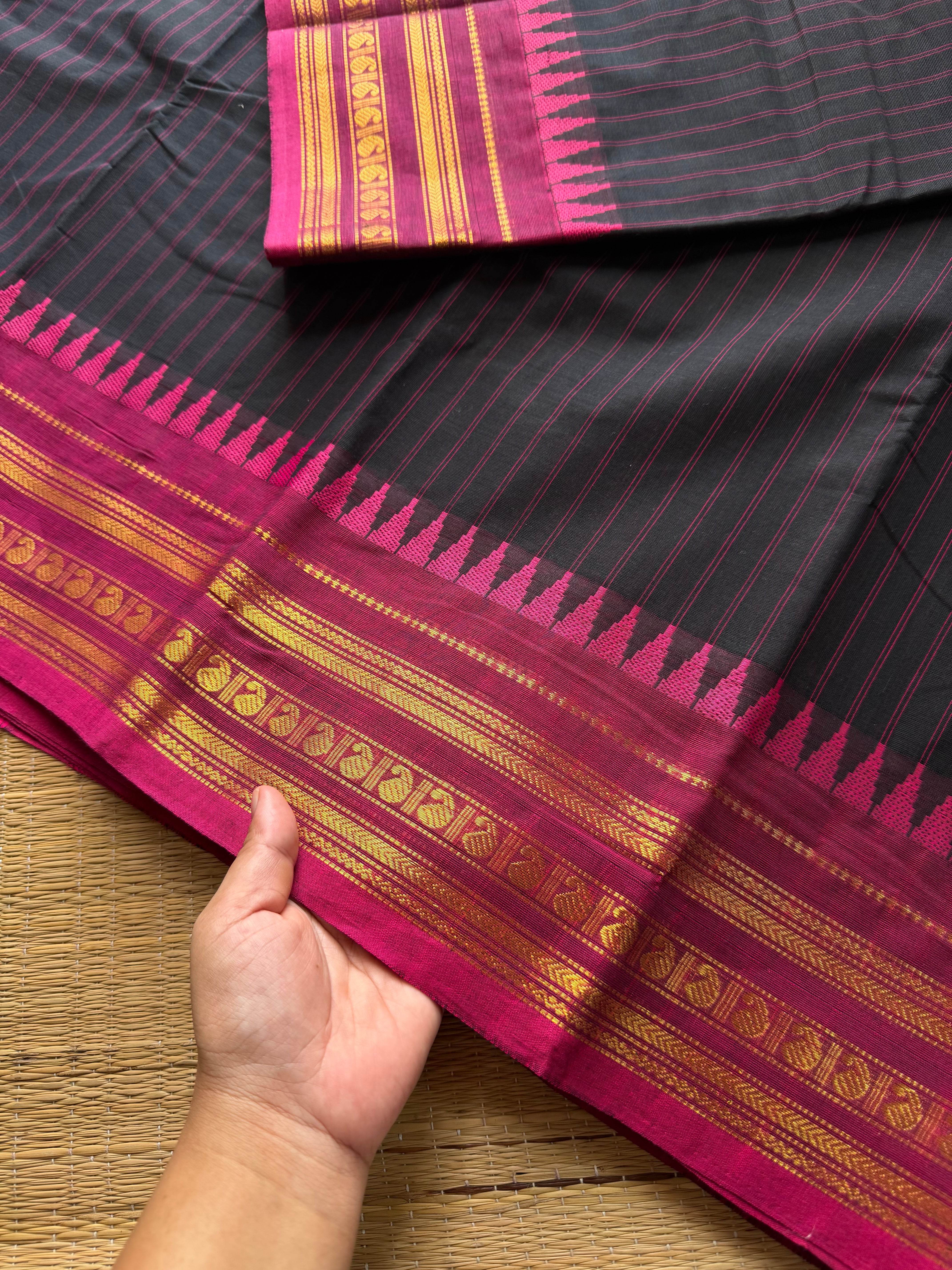 RF467 Black with contrast pink combination Kanchi cotton saree with vertical stripped pattern & mango Zari border