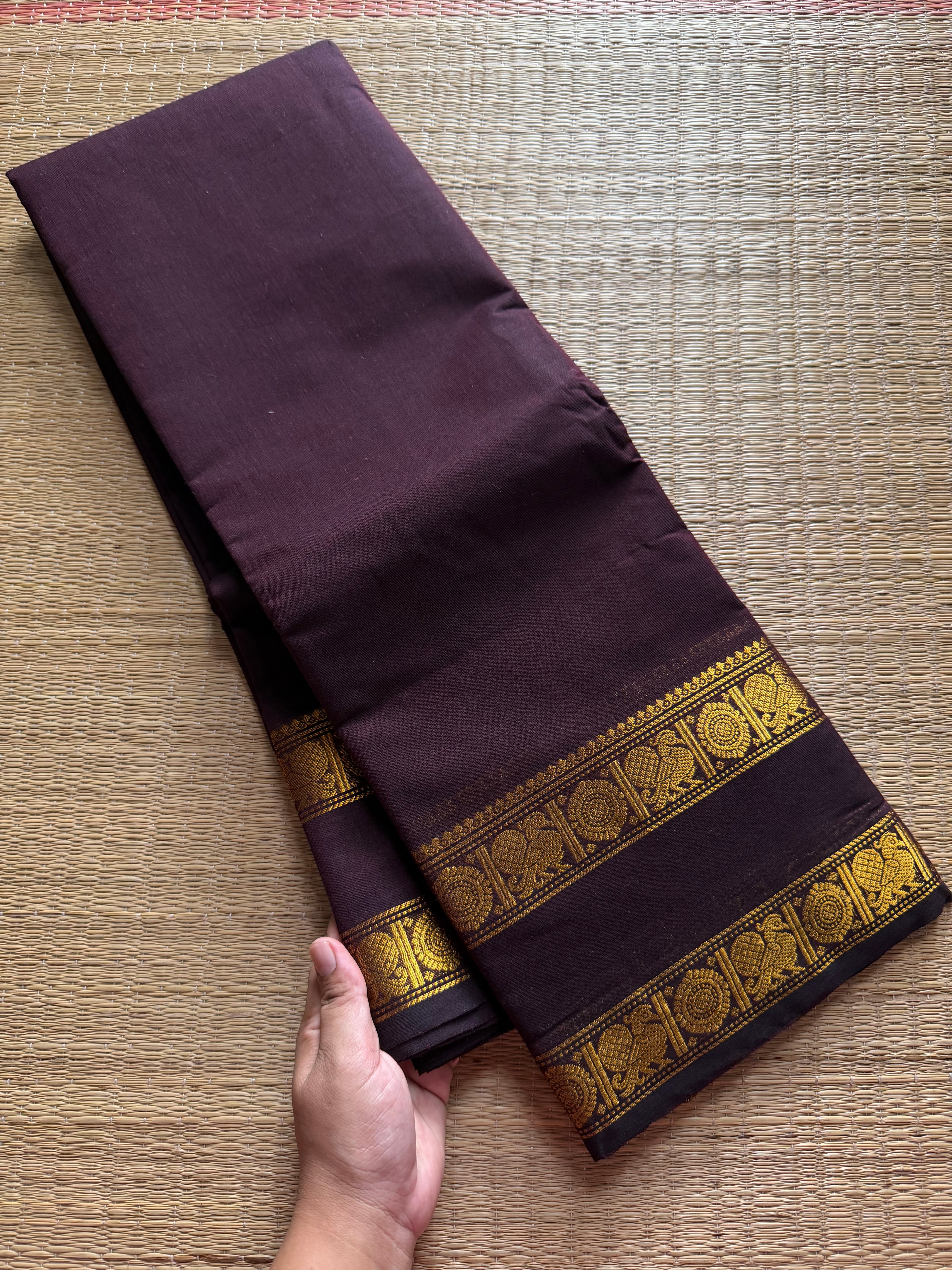 RF466 Monotone dark coffee brown shade Kanchi cotton saree annam pattern gap / Rettapet border