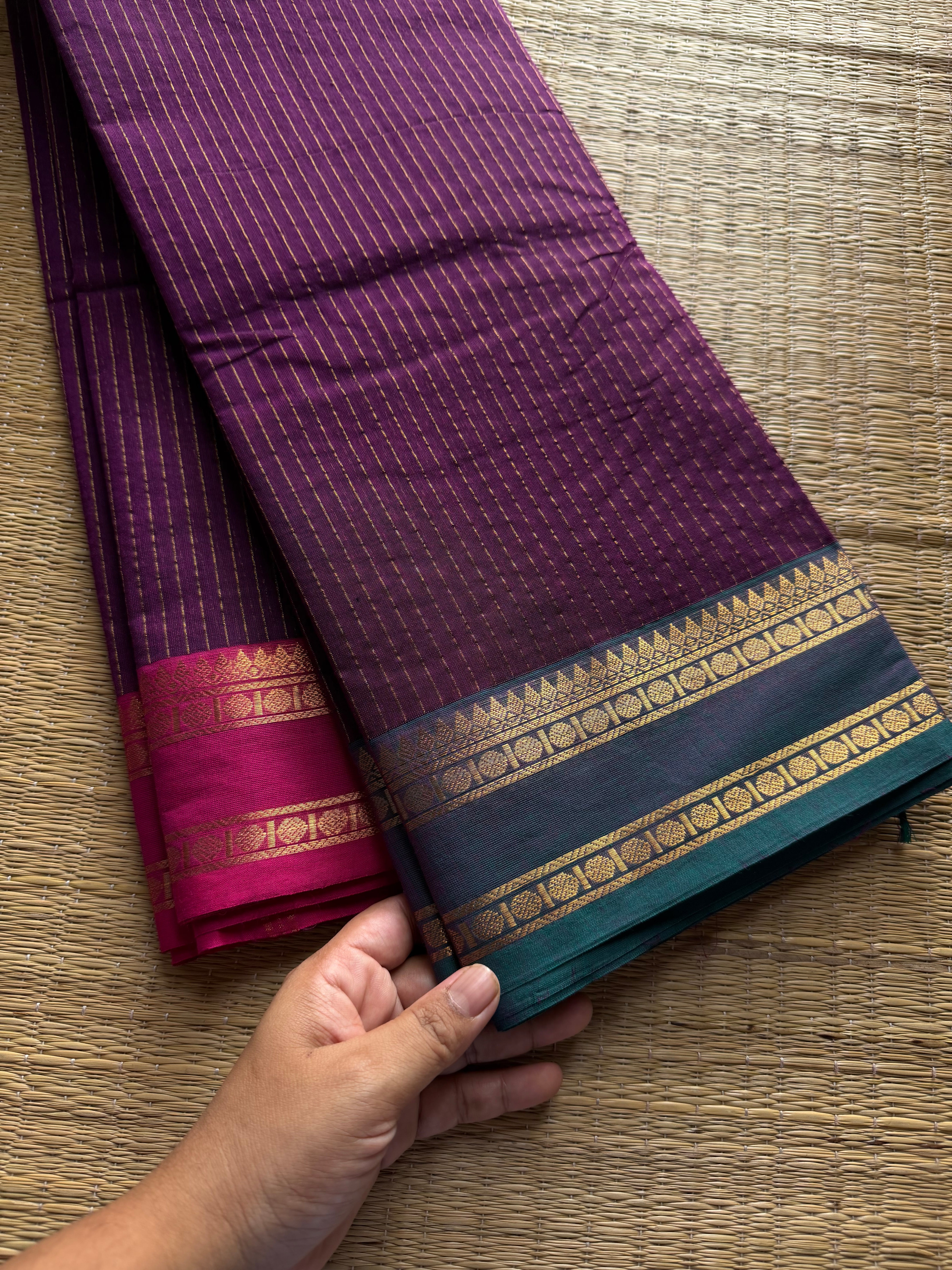 RF351 Deep Purple shade Vairaoosi with Ganga Jamuna border Kanchi cotton saree
