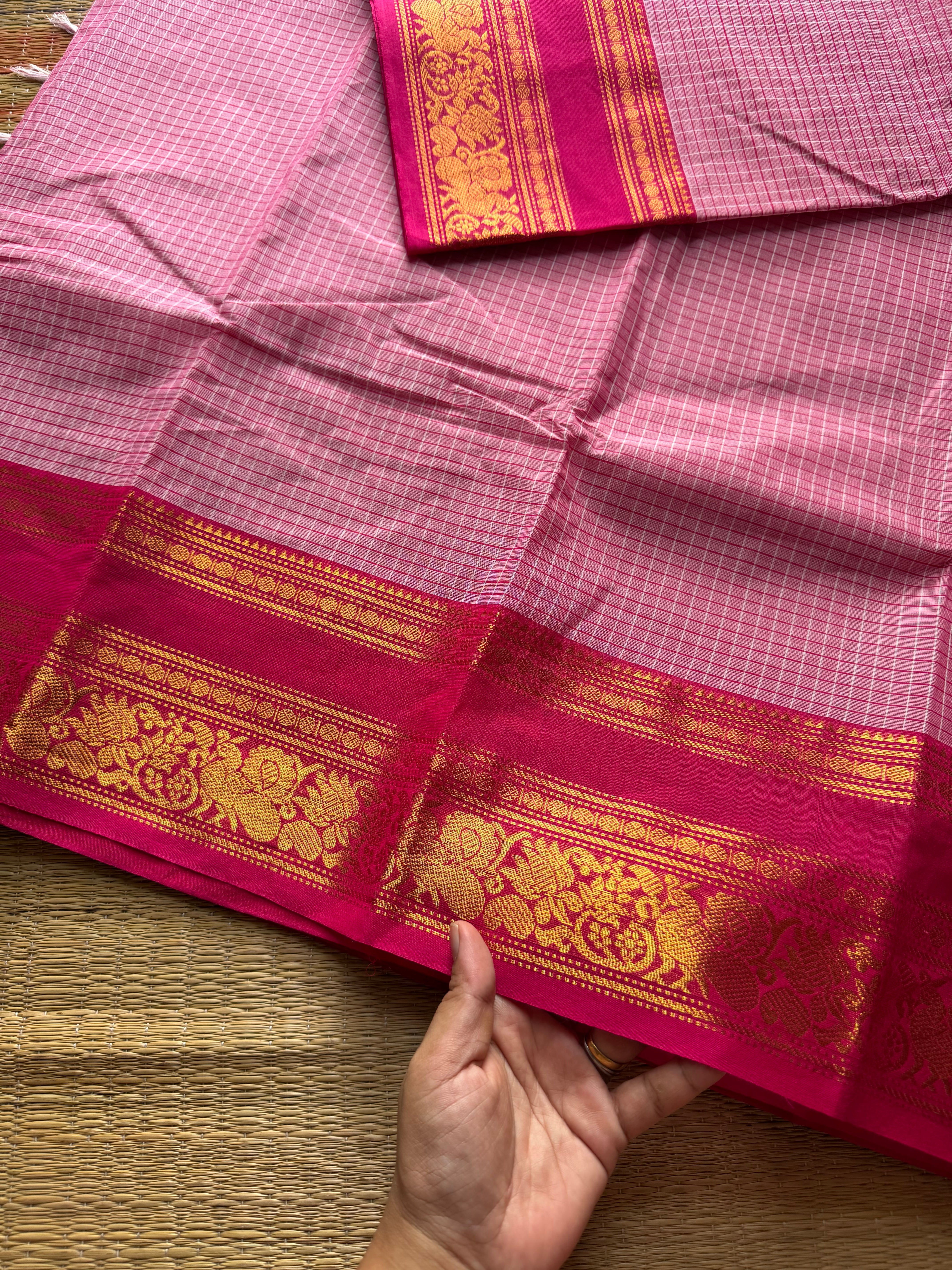 RF543 Pastel pink with contrast dark pink combination checks / kattam pattern Kanchi cotton saree unique  with floral pattern contrast zari border