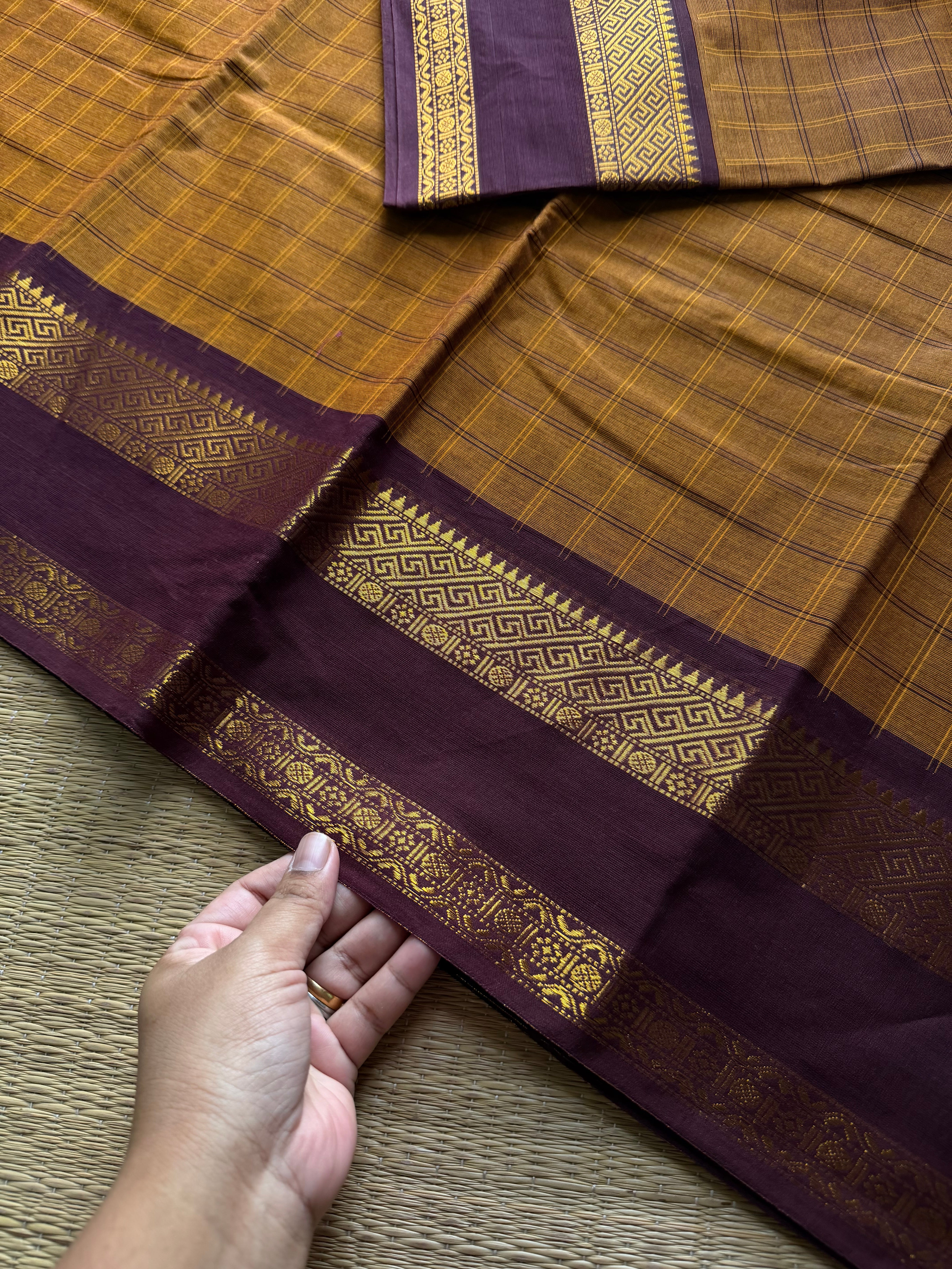 RF1401 Mustard with brown ~ Vintage Kattam Pattern Kanchi Cotton Saree