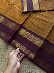 RF1401 Mustard with brown ~ Vintage Kattam Pattern Kanchi Cotton Saree