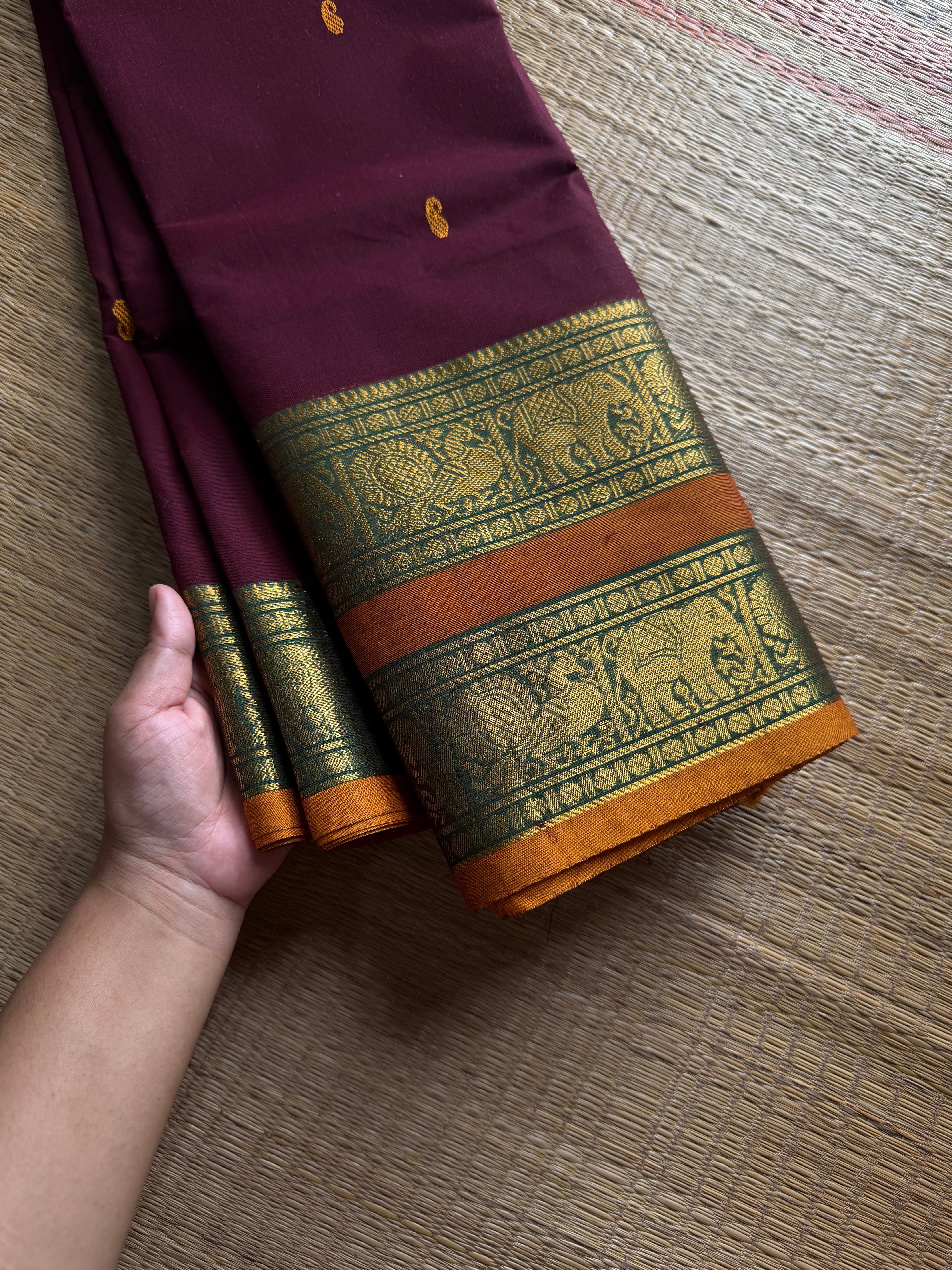 RF1328 Arakku shade ~ Kanchi cotton Rettapet border saree