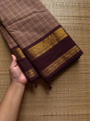RF1035 Biscuit with brown ~ Vintage Kattam / Checks Kanchi Cotton Saree