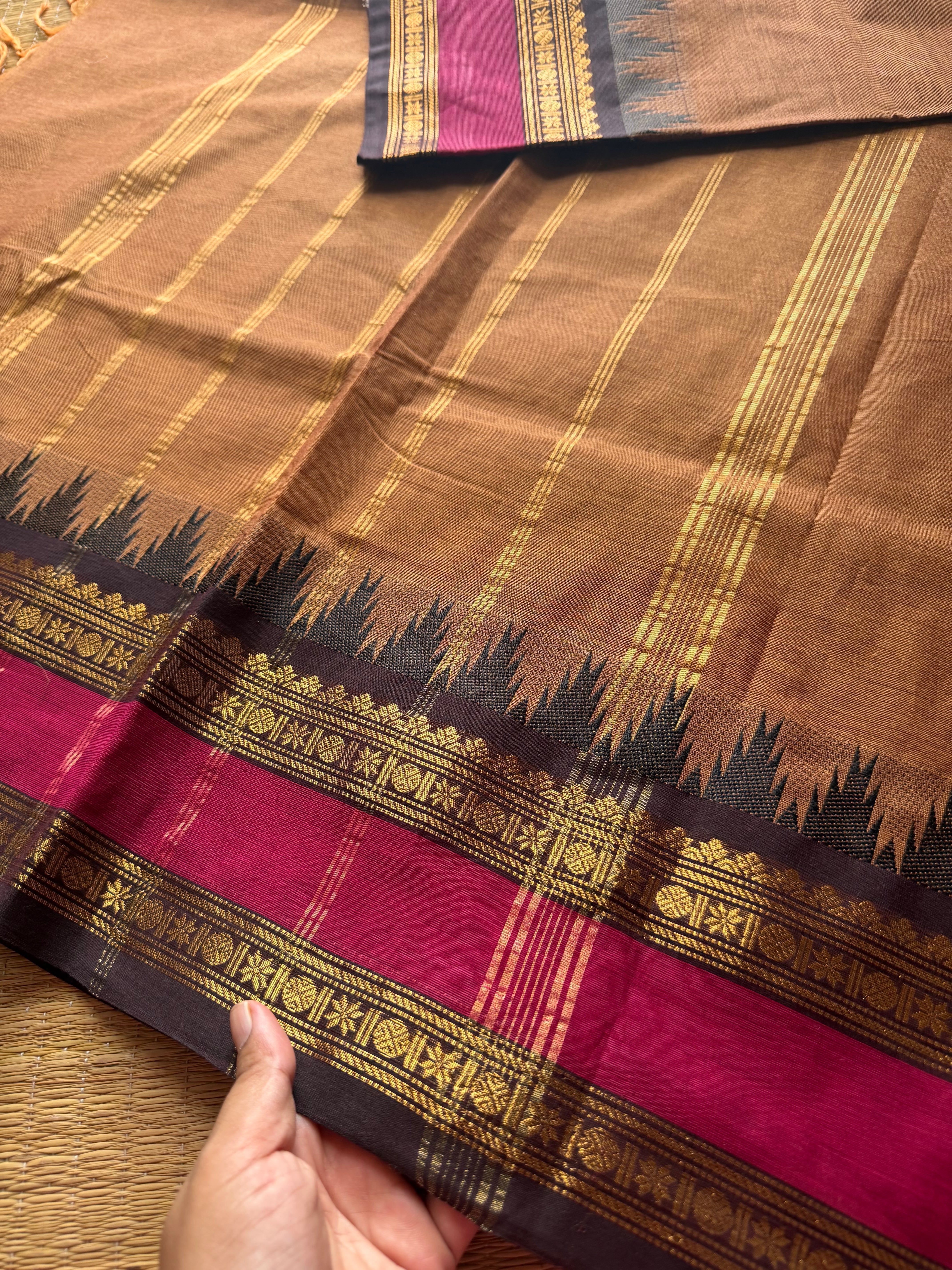 Thazhampoo Pattern Kanchi Cotton Saree ~ Dual tone biscuit shade