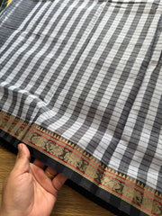 Grey Mercerised Narayanpet cotton saree with small border & Kattam / checks pattern saree
