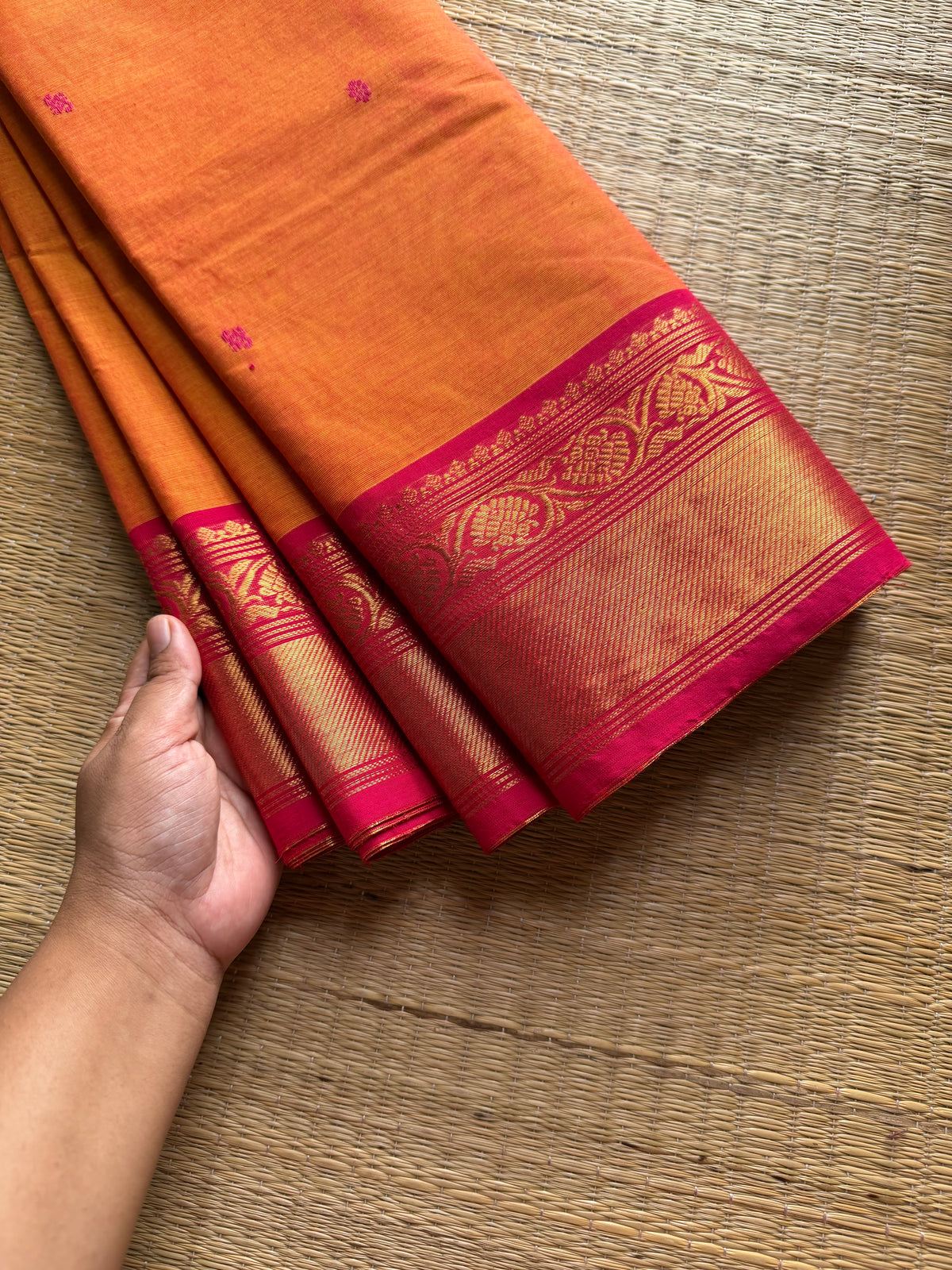 RF882 Dark mango shade with pink combination Kanchi cotton saree with handmade thread buttas