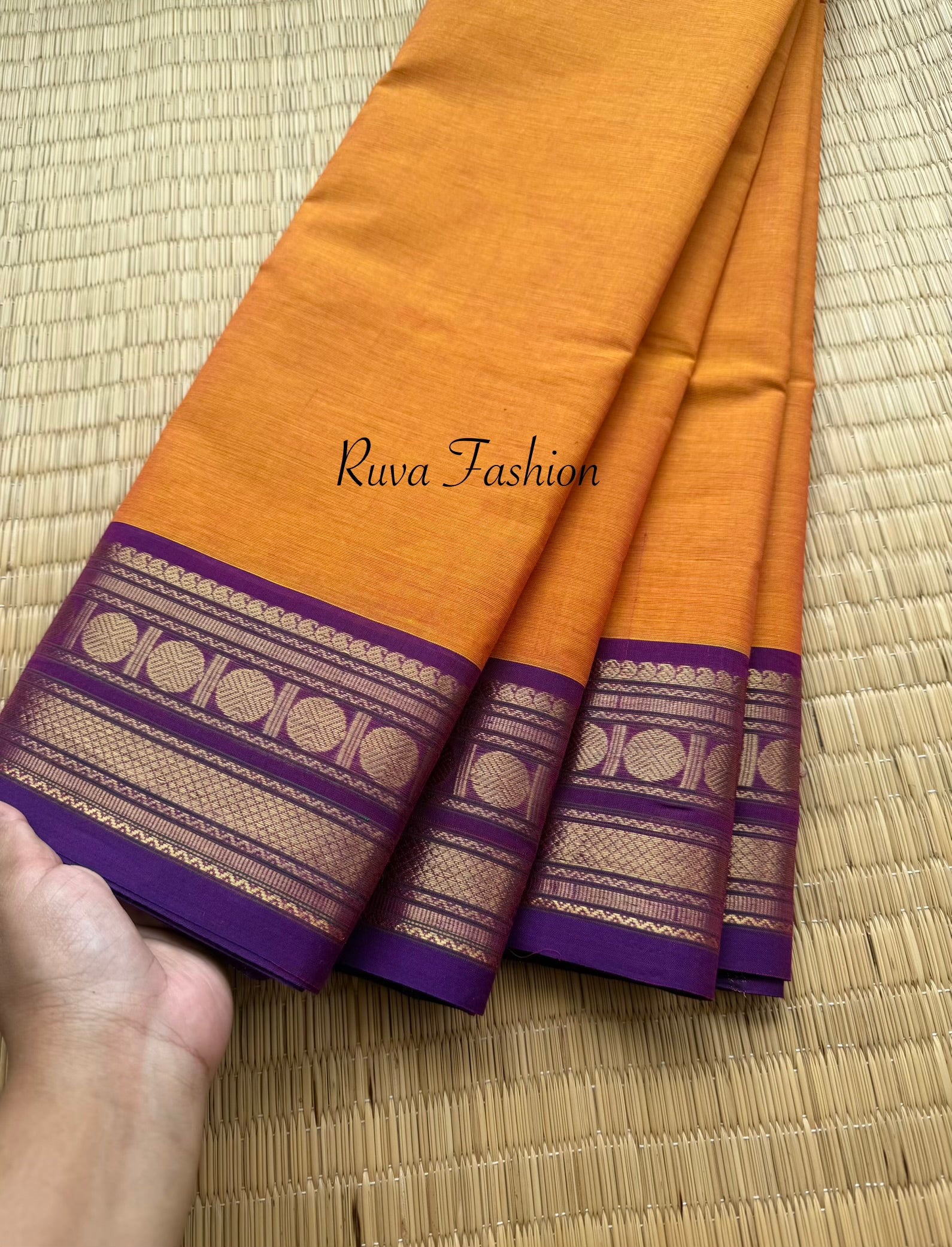 RF139 Dual tone orange with contrast purple combination Kanchi cotton saree