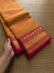 RF506 Dark mango shade with contrast pink combination mango pattern Zari border Kanchi cotton saree