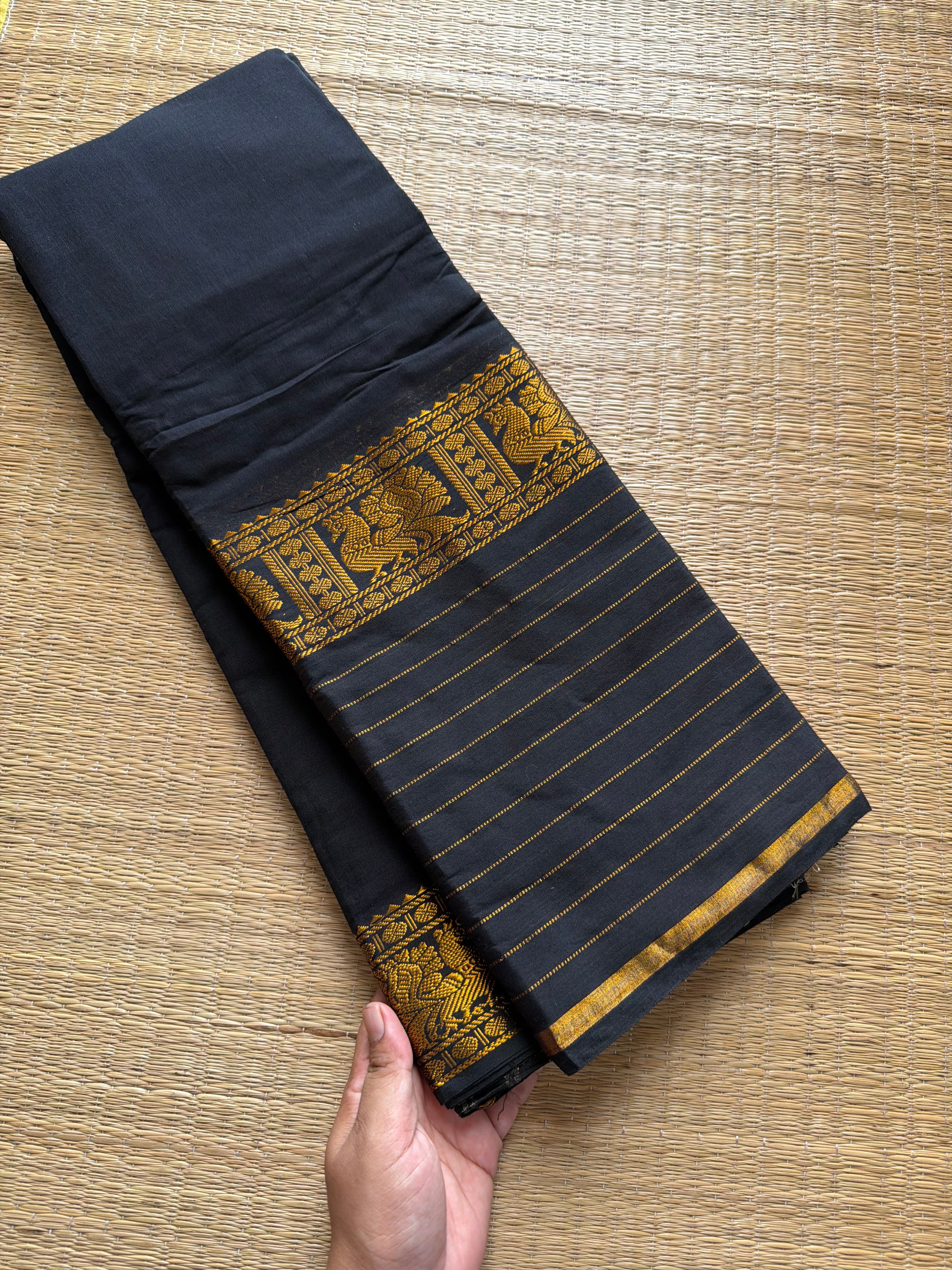 RF616 Monotone black Narayanpet cotton saree with long / big border