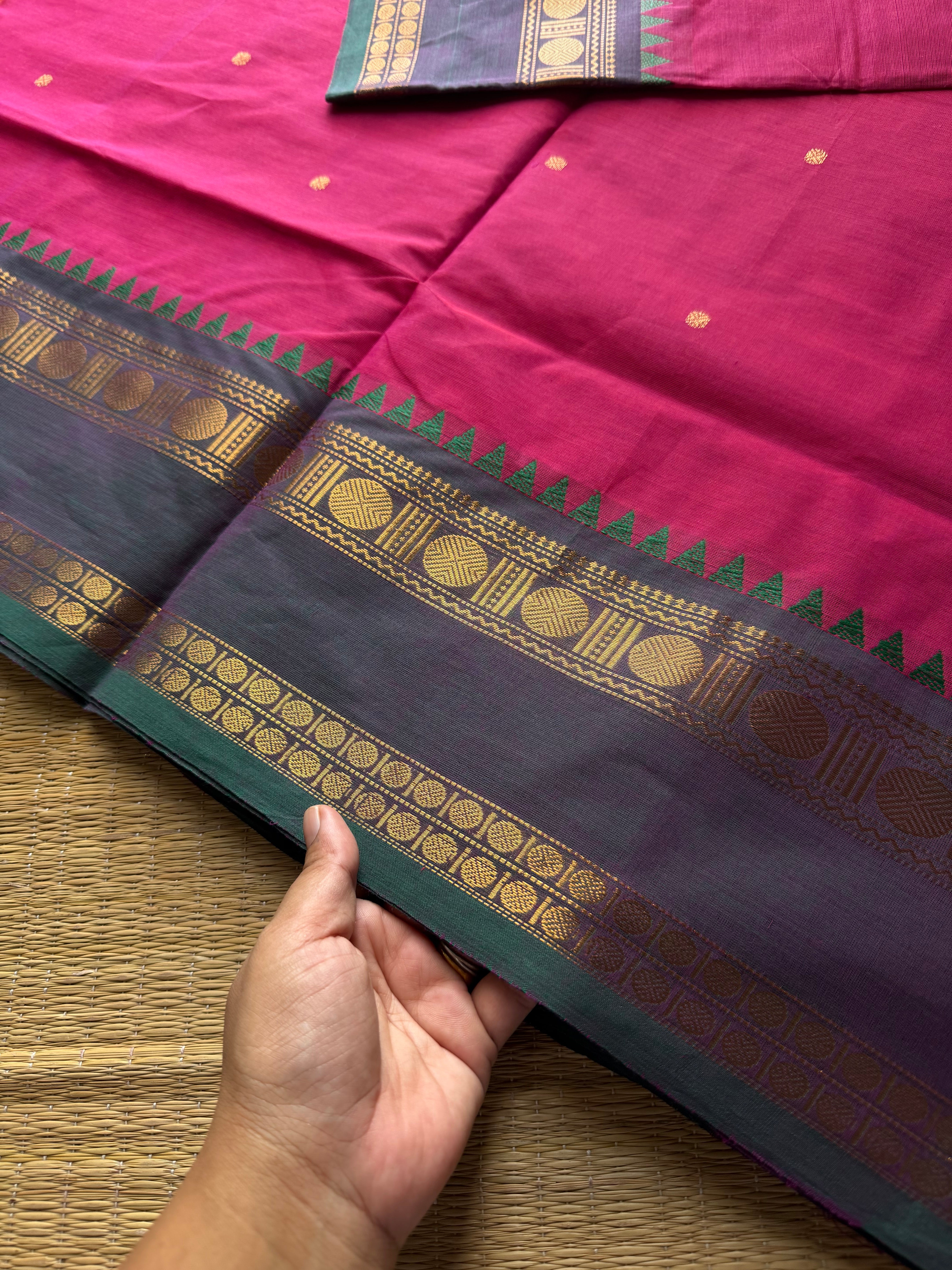 RF811 Magenta pink shade Kanchi cotton saree with handmade golden Zari Buttas