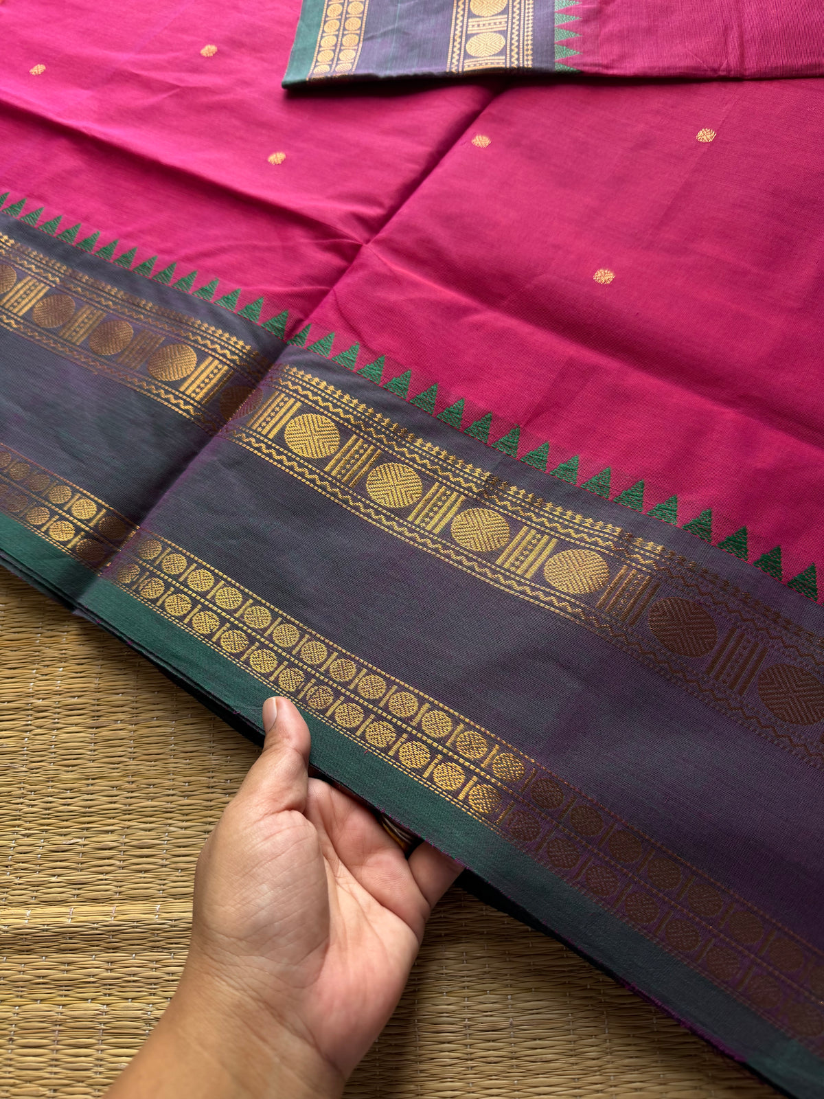 RF811 Magenta pink shade Kanchi cotton saree with handmade golden Zari Buttas