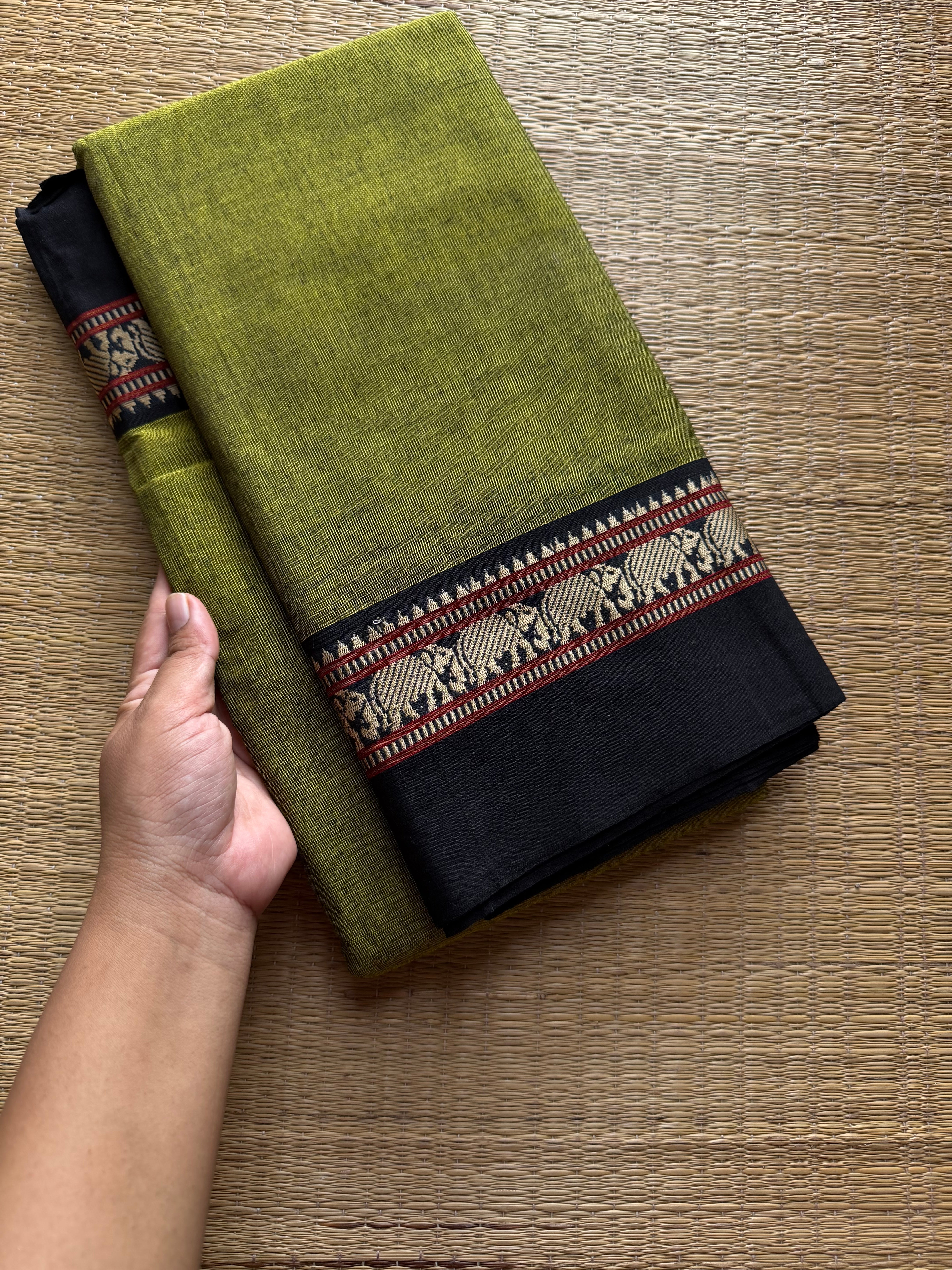 RF849 Mercerised Narayanpet Cotton Saree ~ Green with black