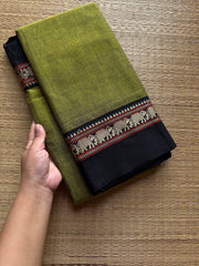 RF849 Mercerised Narayanpet Cotton Saree ~ Green with black