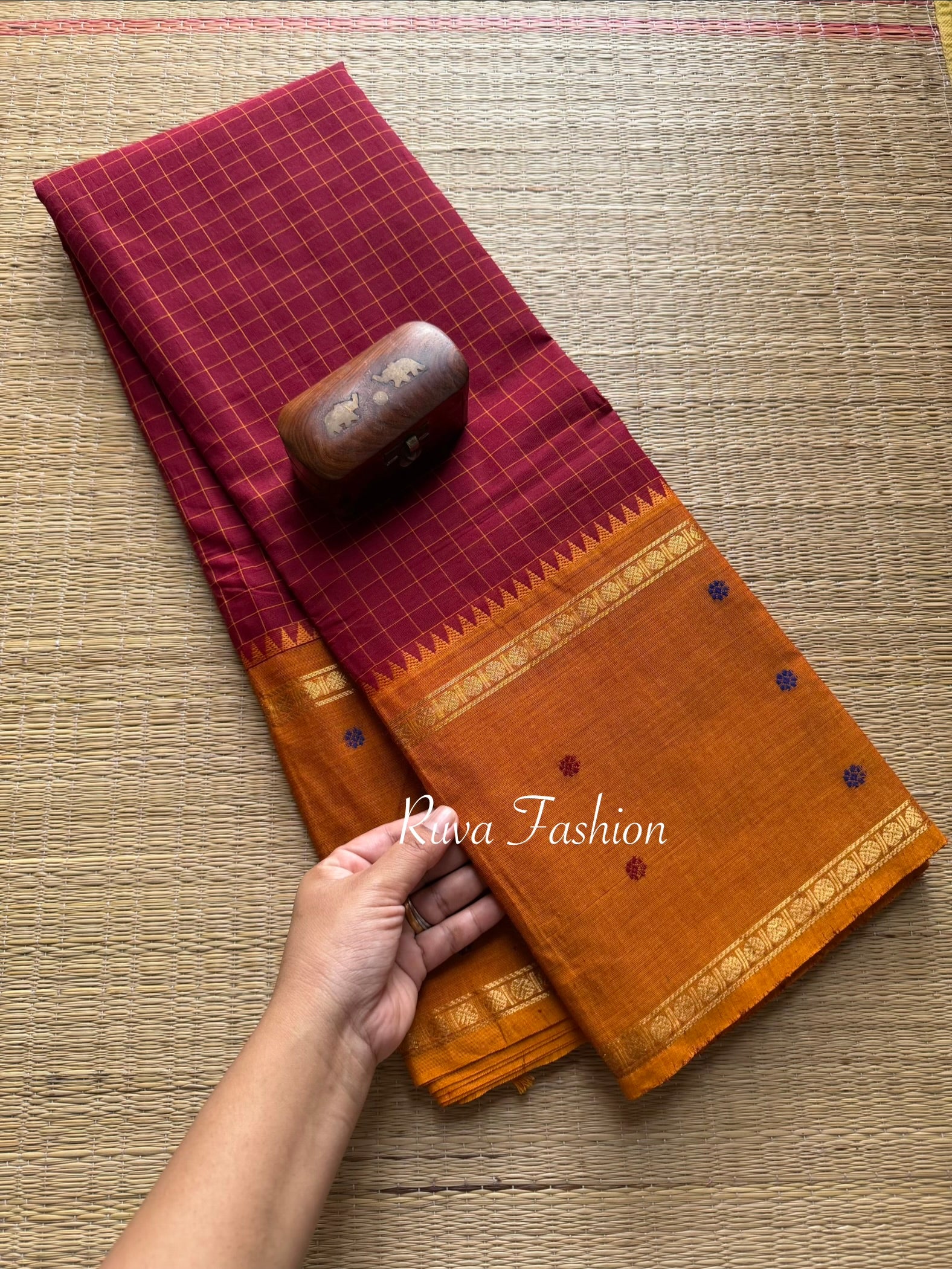 RF29 Maroon with orange Vintage Style Border with checks pattern & handwoven Buttas on the border - RF29