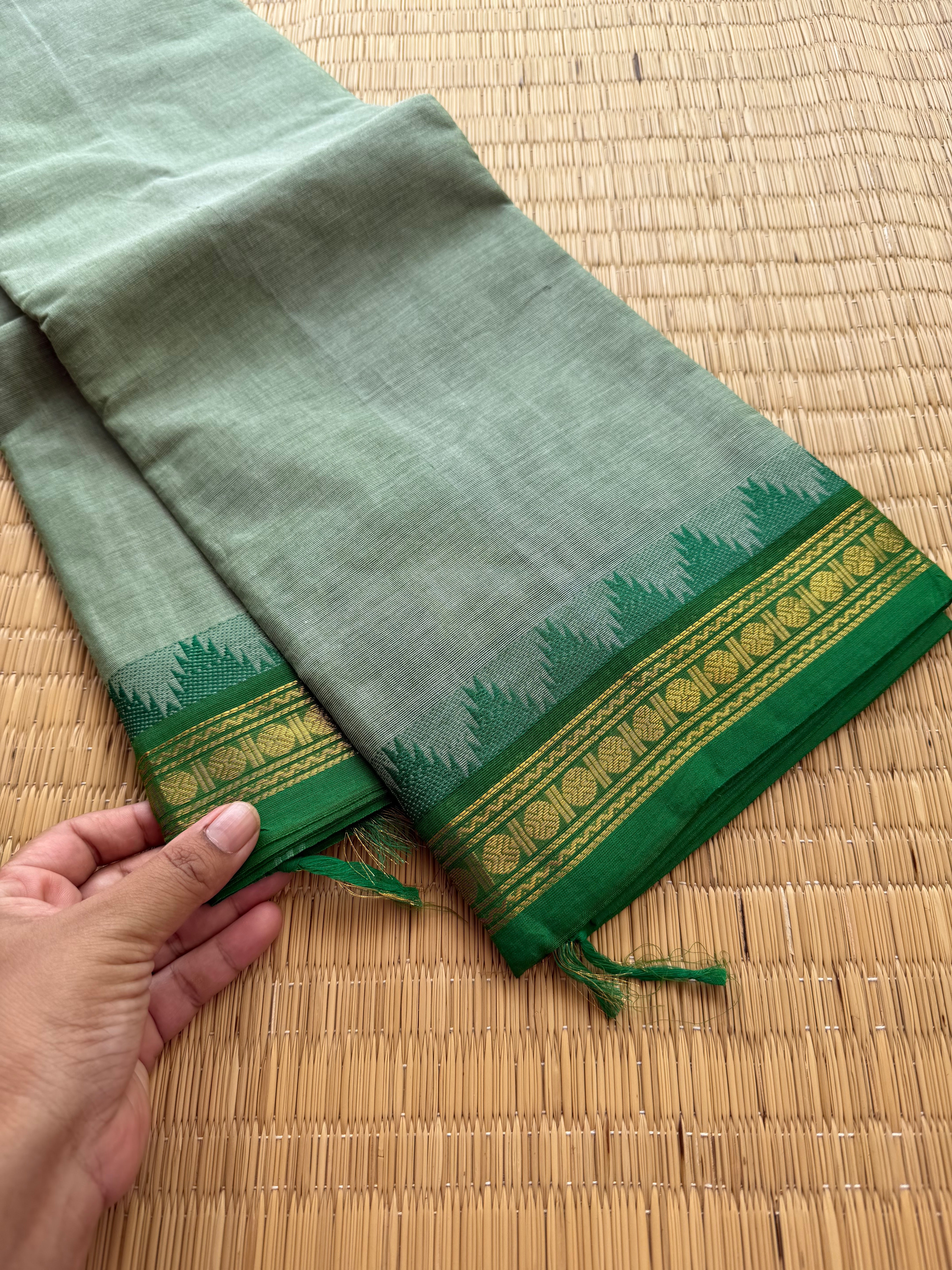 RF172 Pastel green shade Kanchi Cotton Saree With Contrast emerald green shade Small Zari Border