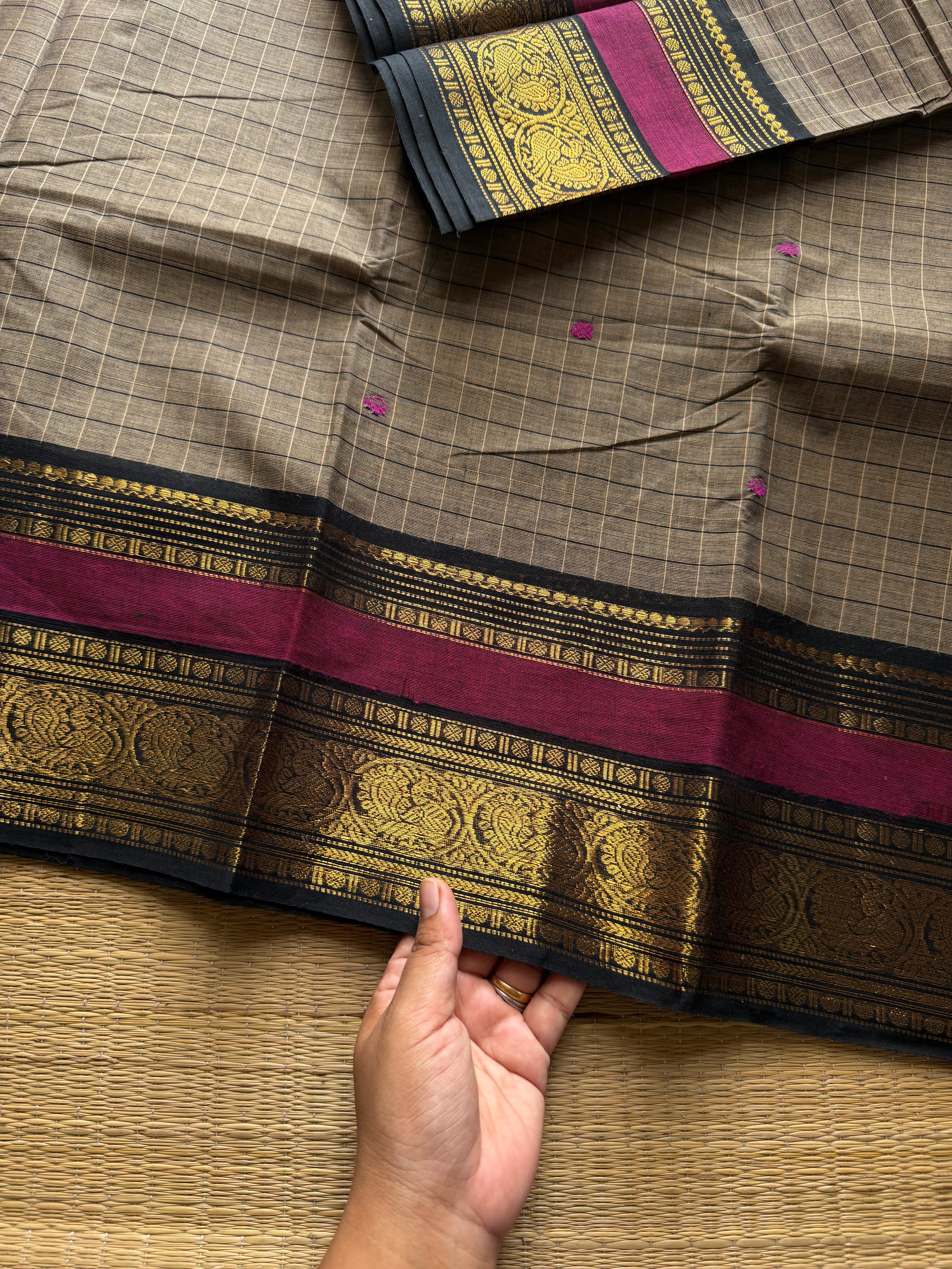 RF1221 Dual tone grey with black ~ Vintage Kattam Kanchi cotton saree with handmade thread buttas