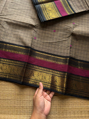 RF1221 Dual tone grey with black ~ Vintage Kattam Kanchi cotton saree with handmade thread buttas