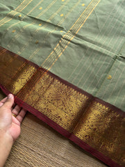 RF1015 Pista green shade ~ Vanasingaram border Kanchi cotton saree with handmade golden Zari Buttas
