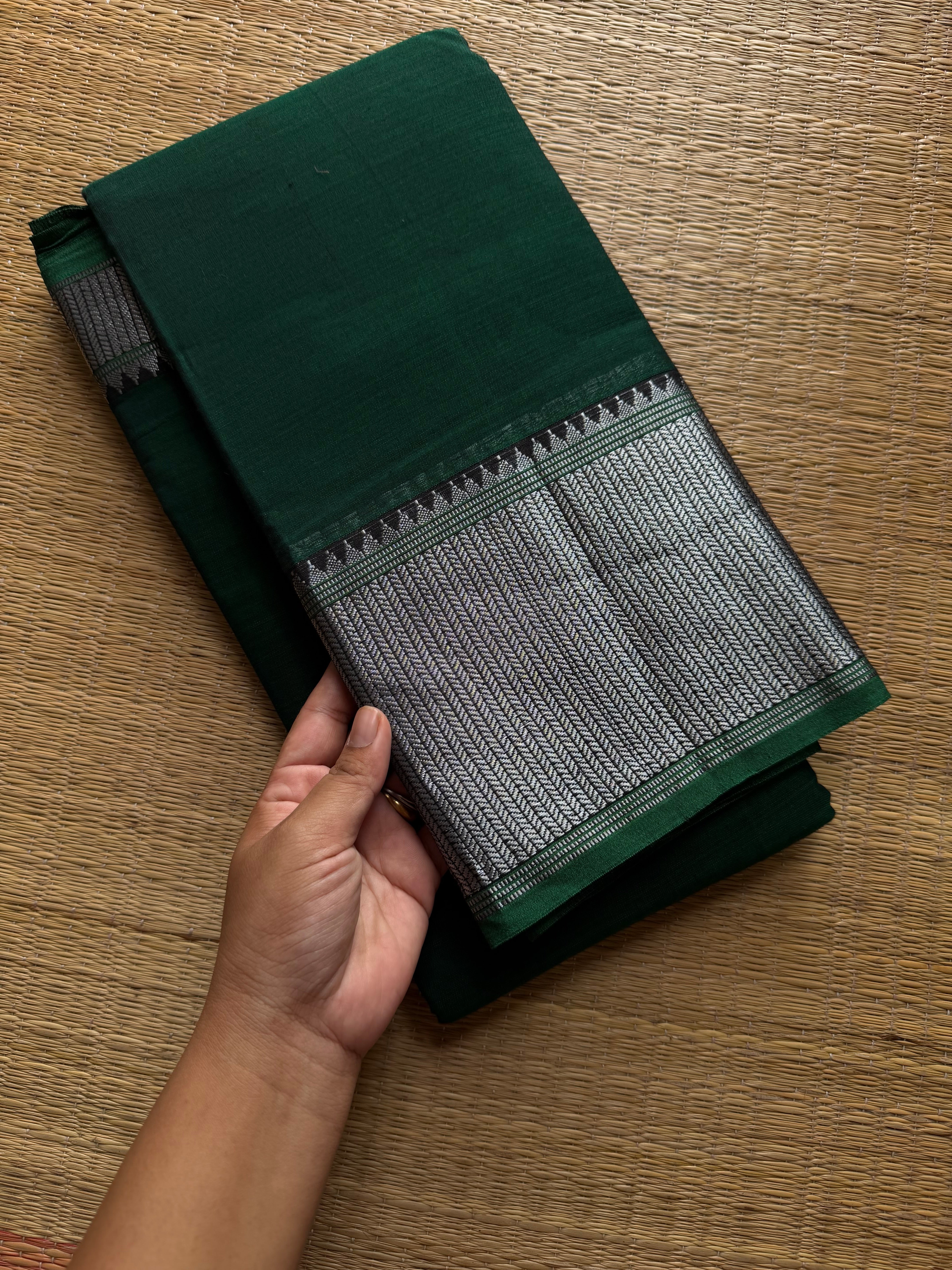 RF837 Silver Zari Mercerised Narayanpet Cotton Saree ~ Bottle Green