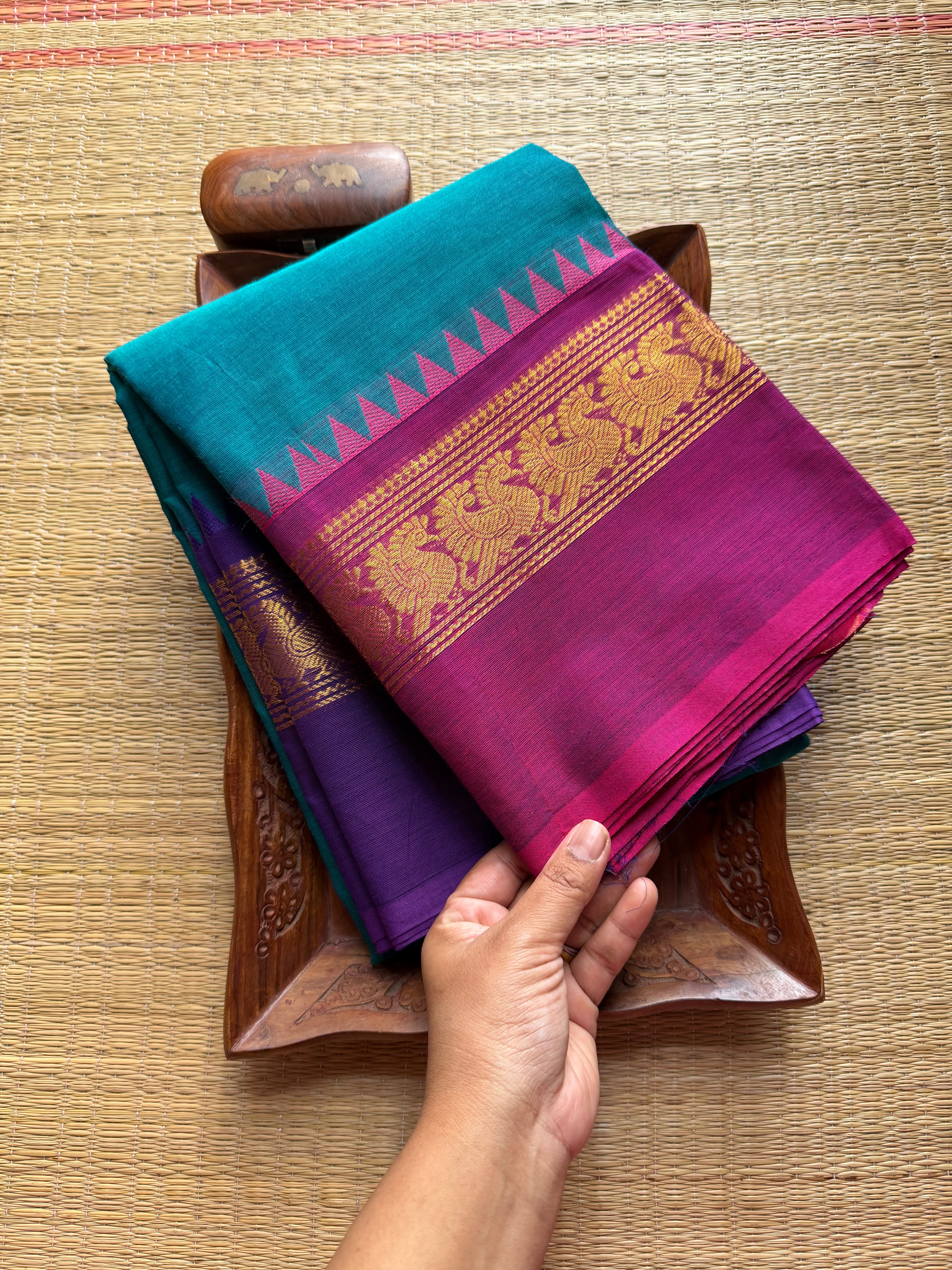 Peacock Blue Ganga Jamuna Kanchi Cotton Saree