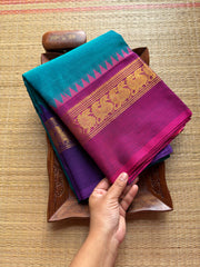 Peacock Blue Ganga Jamuna Kanchi Cotton Saree