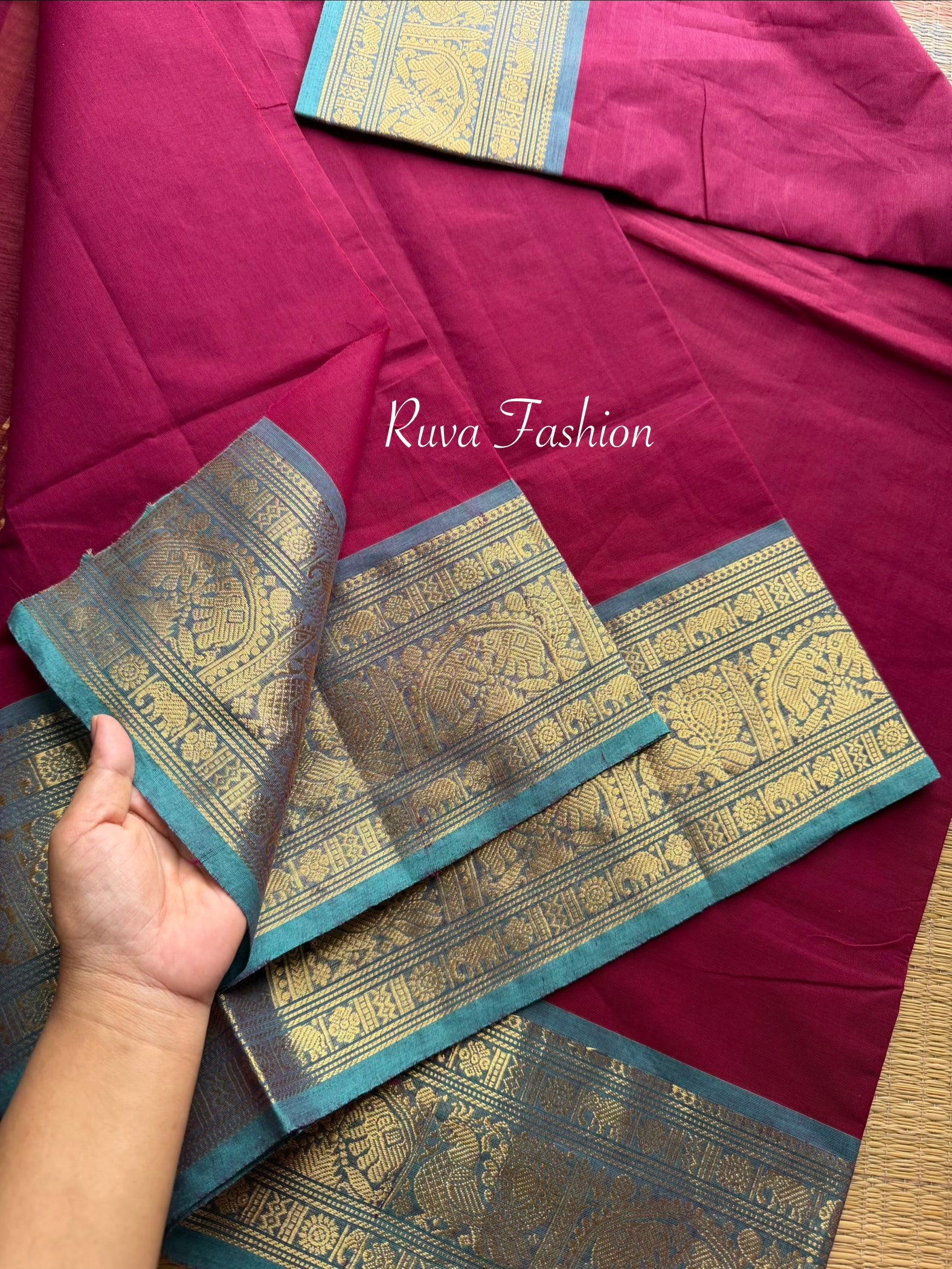 RF110 Magenta Pink Shade with contrast sky blue combination Vintage Silk Saree inspired Kanchi cotton saree