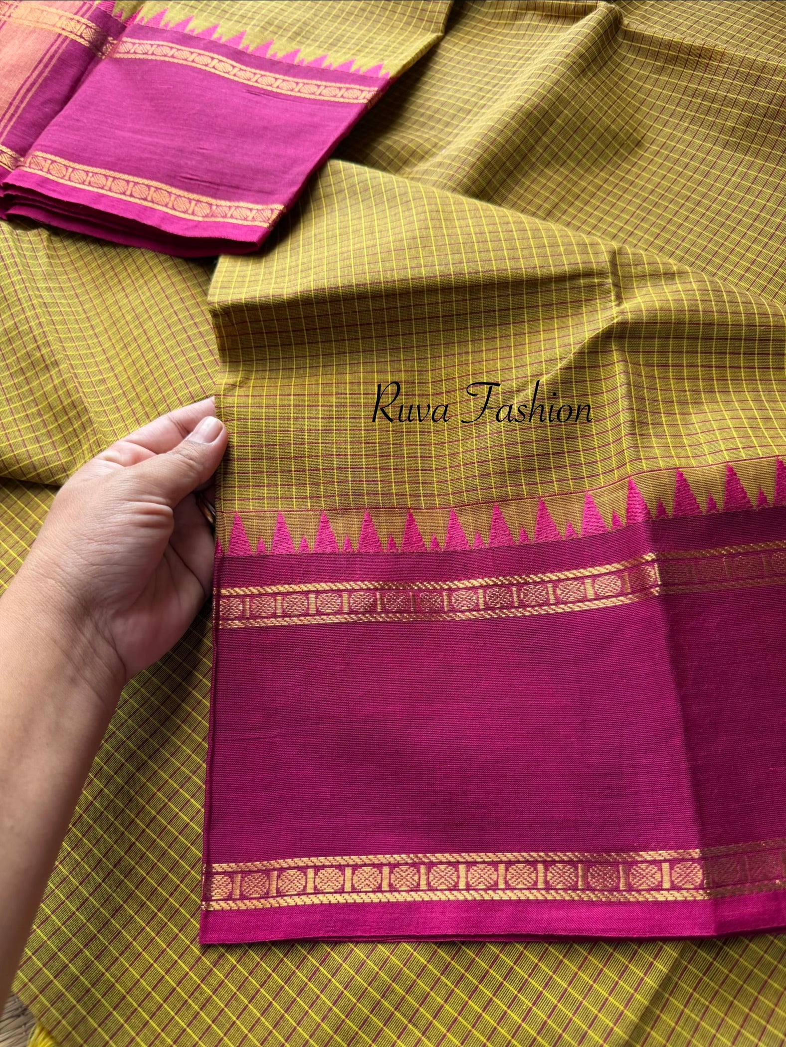 RF56 Dual tone mustard yellow shade   with contrast magenta pink vintage border Podi Kattam Kanchi cotton saree