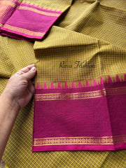 RF56 Dual tone mustard yellow shade   with contrast magenta pink vintage border Podi Kattam Kanchi cotton saree