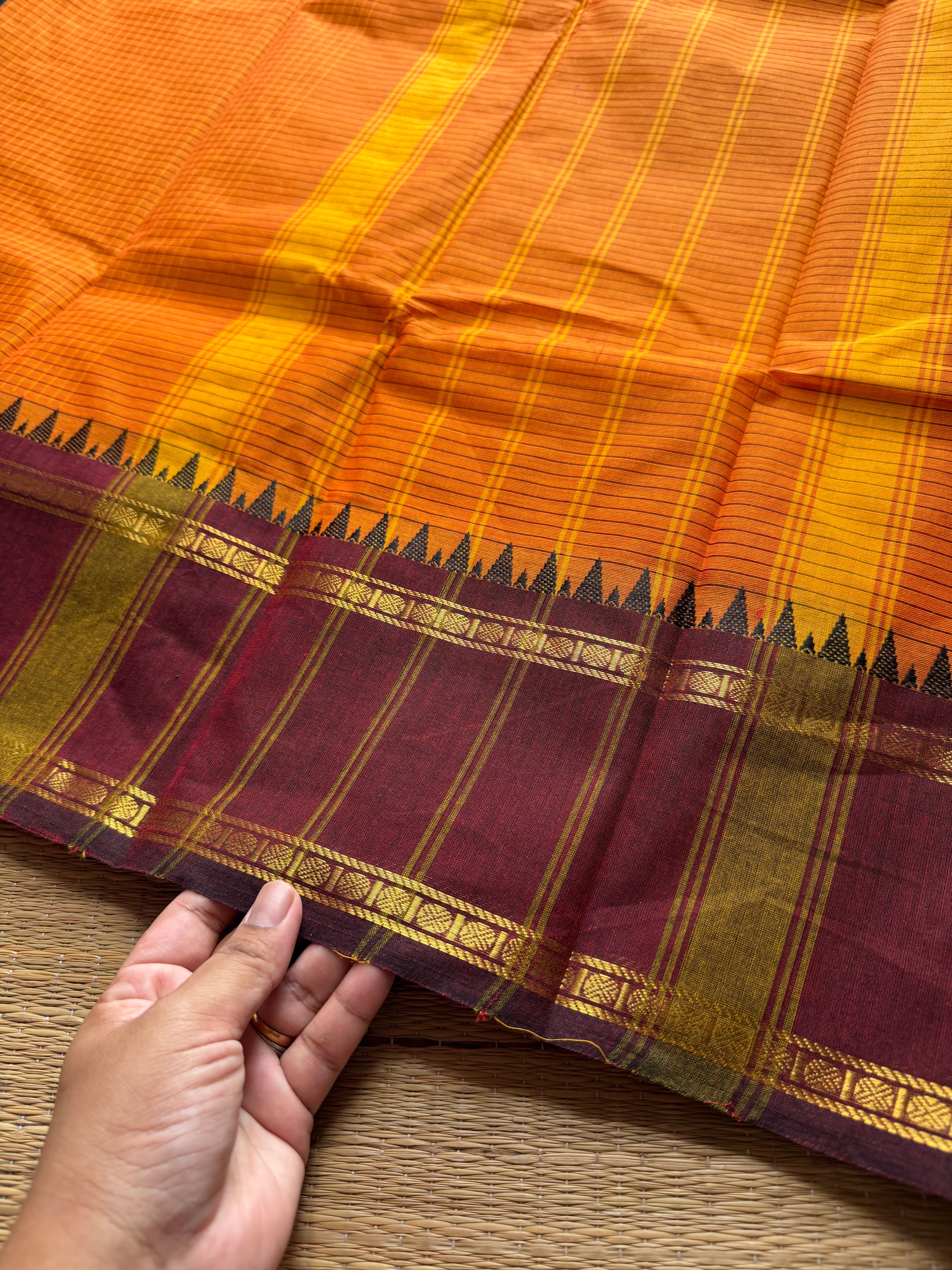RF806 Vintage edition ~ Orange with maroon Kanchi cotton saree with podi kattam / small checks pattern