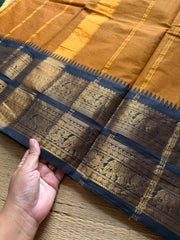 RF840 Mustard with black Kanchi cotton saree with Rettapet border