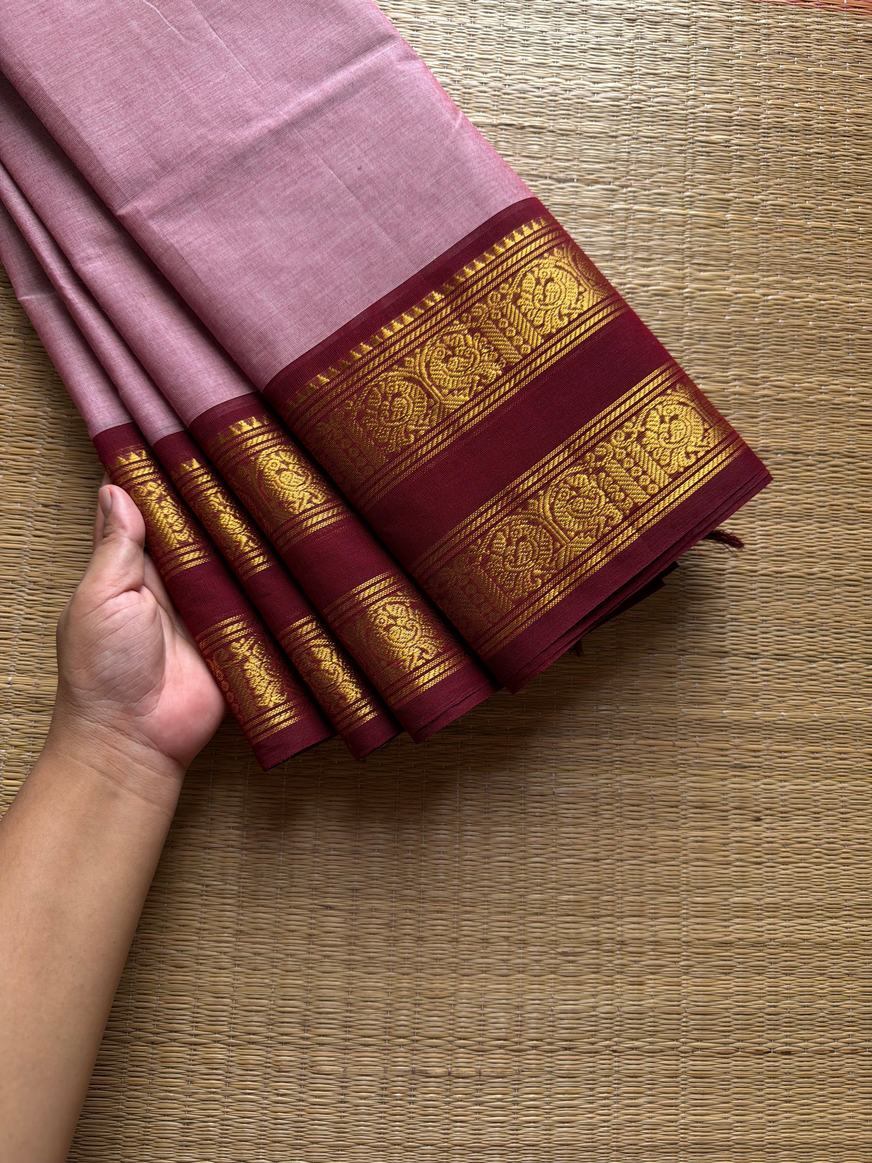RF1102 Light pastel pink ~ Gap Border Kanchi Cotton saree