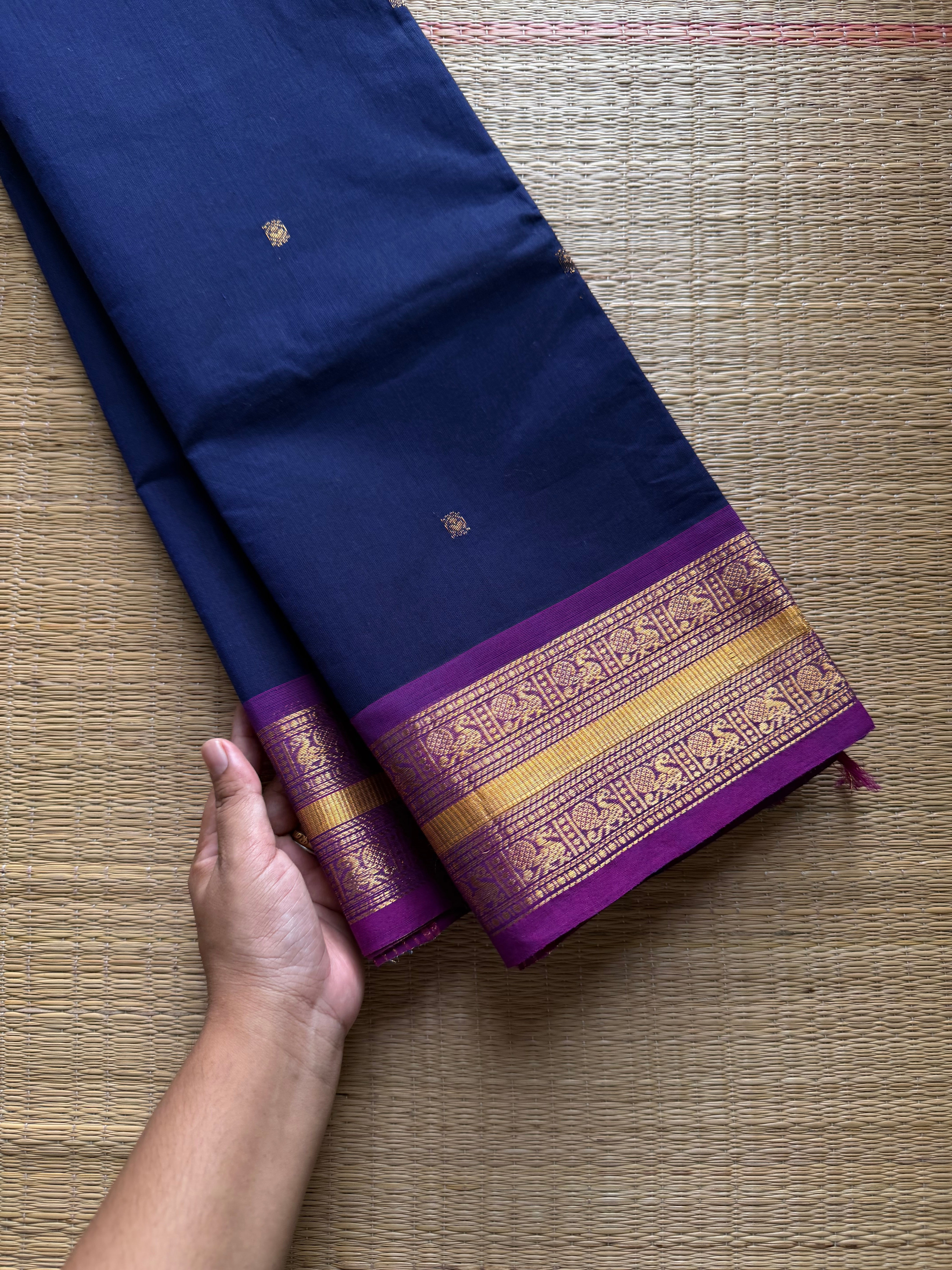 RF730 Navy blue shade Kanchi cotton saree with handmade golden buttas