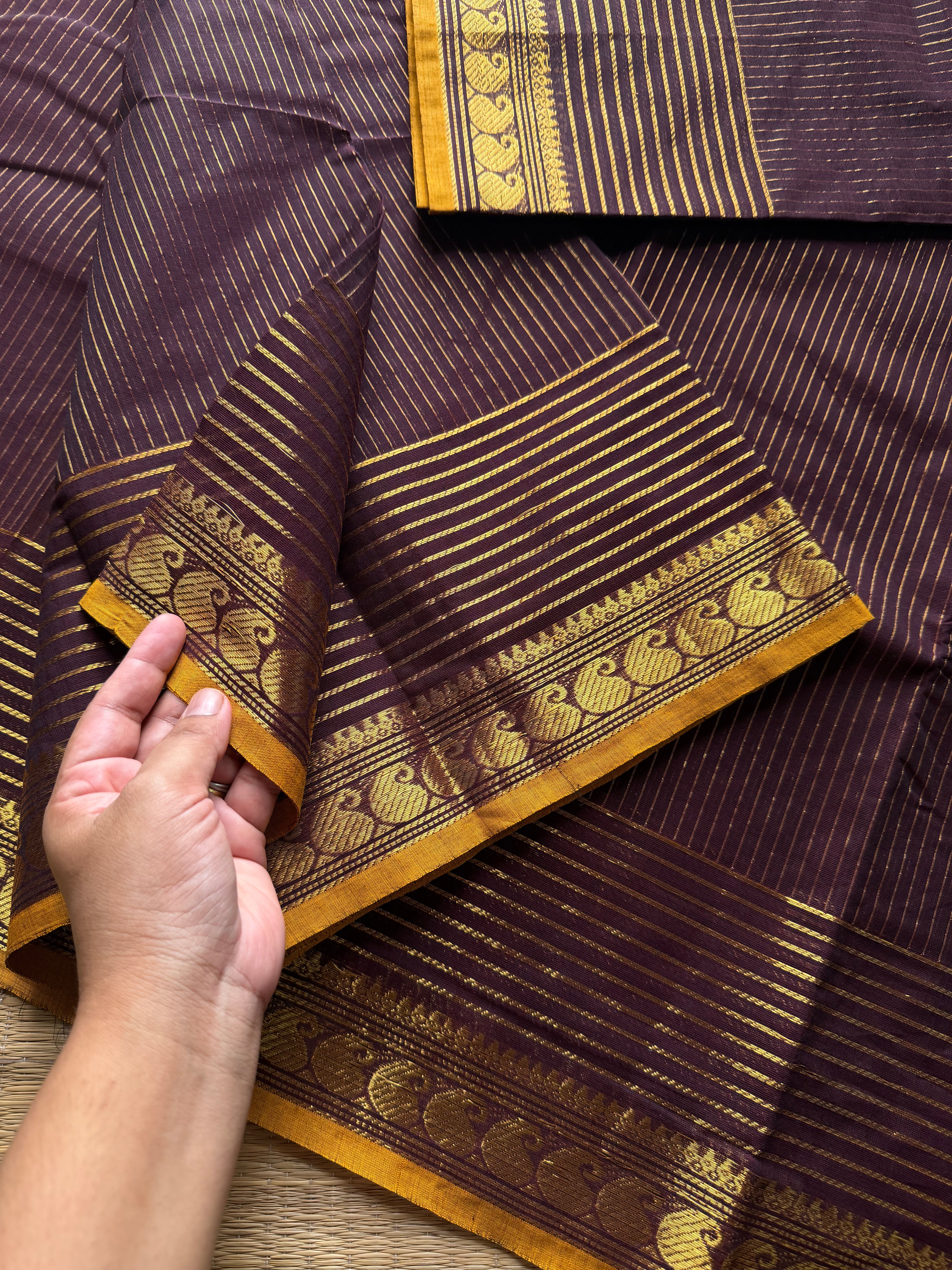 RF582 Coffee brown ~ Vairaoosi pattern Kanchi cotton saree with small contrast mango Zari border