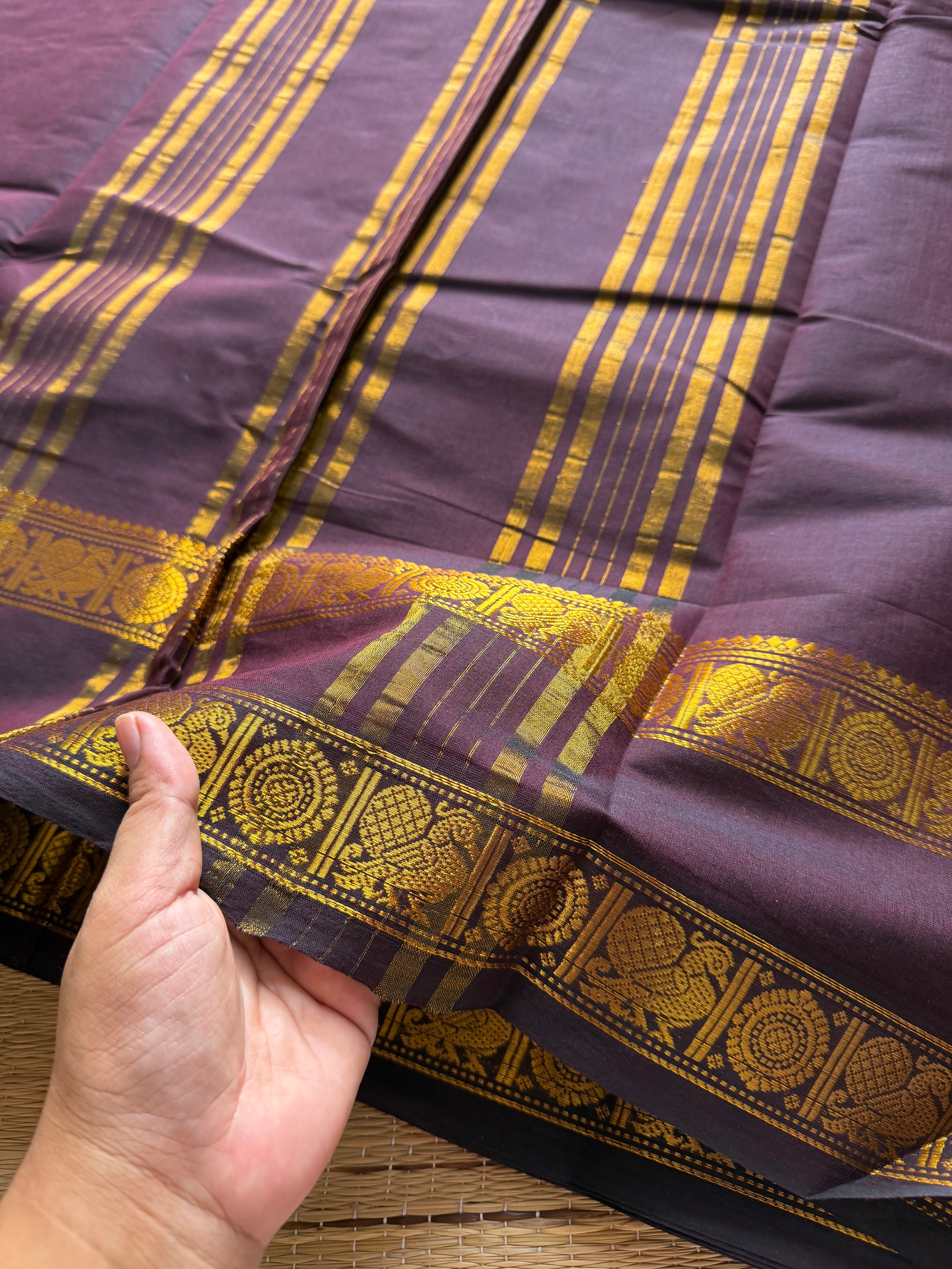 RF256 Monotone Brown Shade Kanchi Cotton Sarees small With Rich golden Zari annam pattern Rettapet border