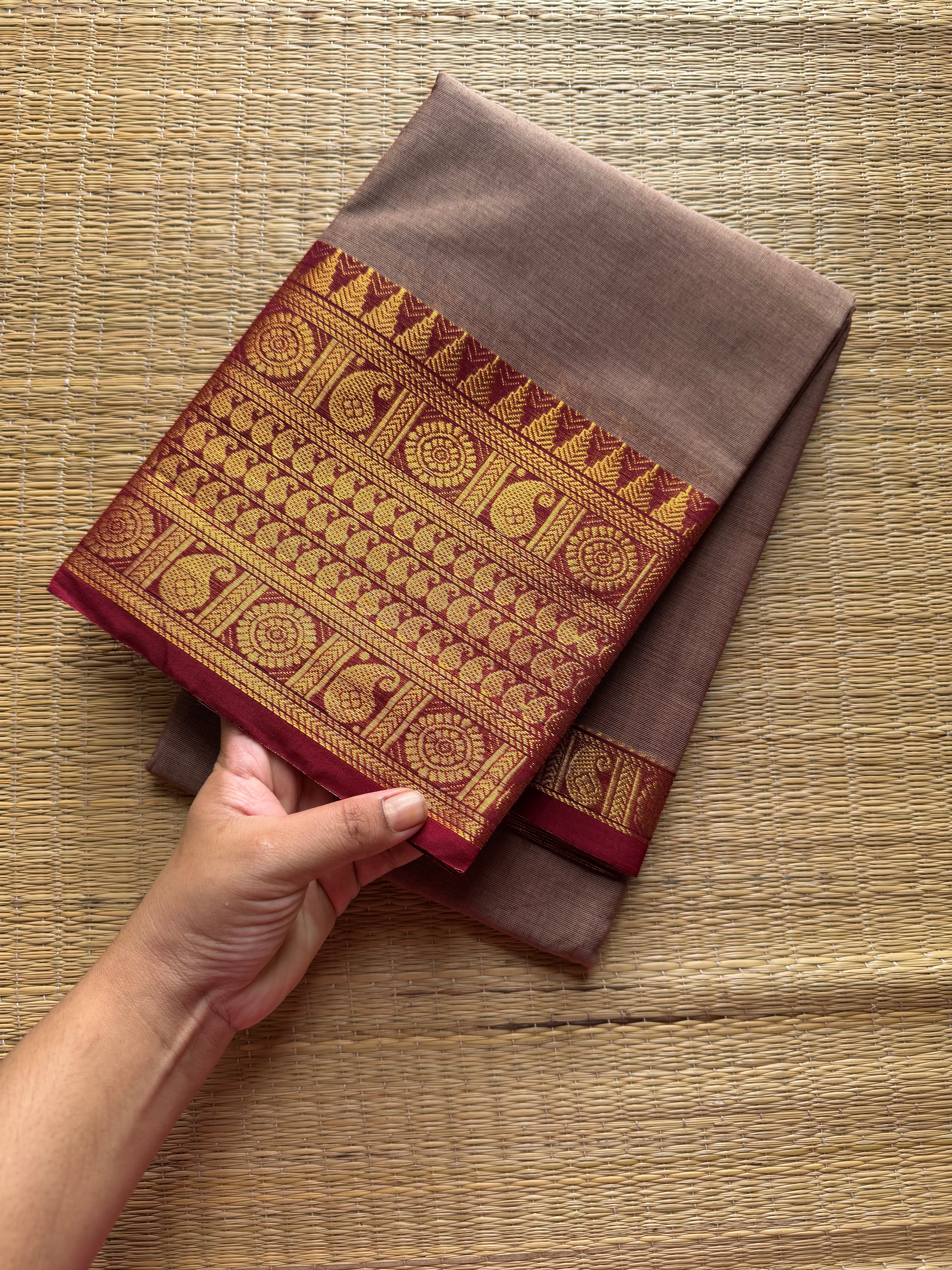 RF592 Dual tone biscuit shade with maroon combination Kanchi cotton saree with mango pattern border