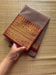 RF592 Dual tone biscuit shade with maroon combination Kanchi cotton saree with mango pattern border