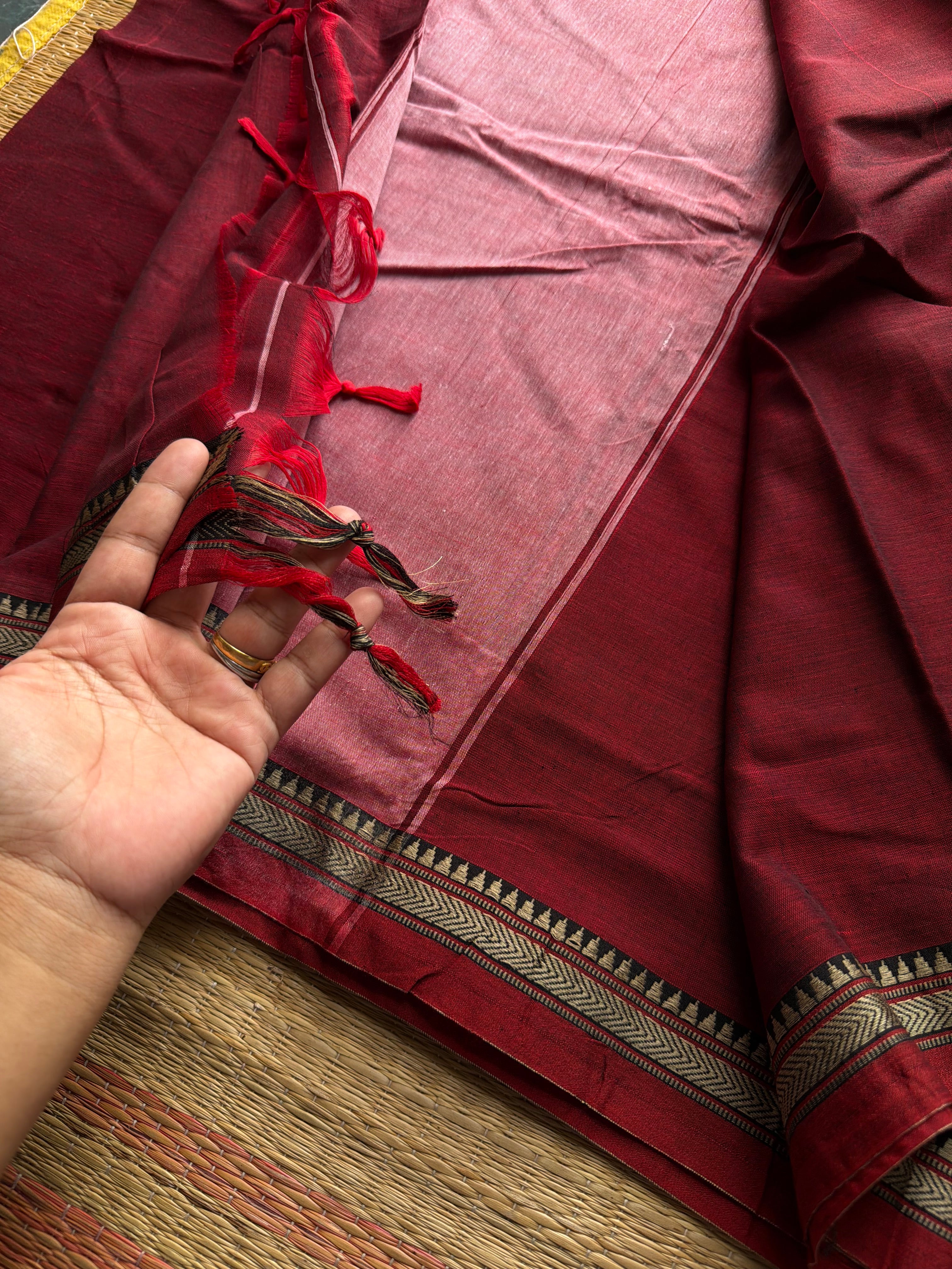 RF932 Maroon ~ Mercerised Narayanpet soft cotton saree with small thread border