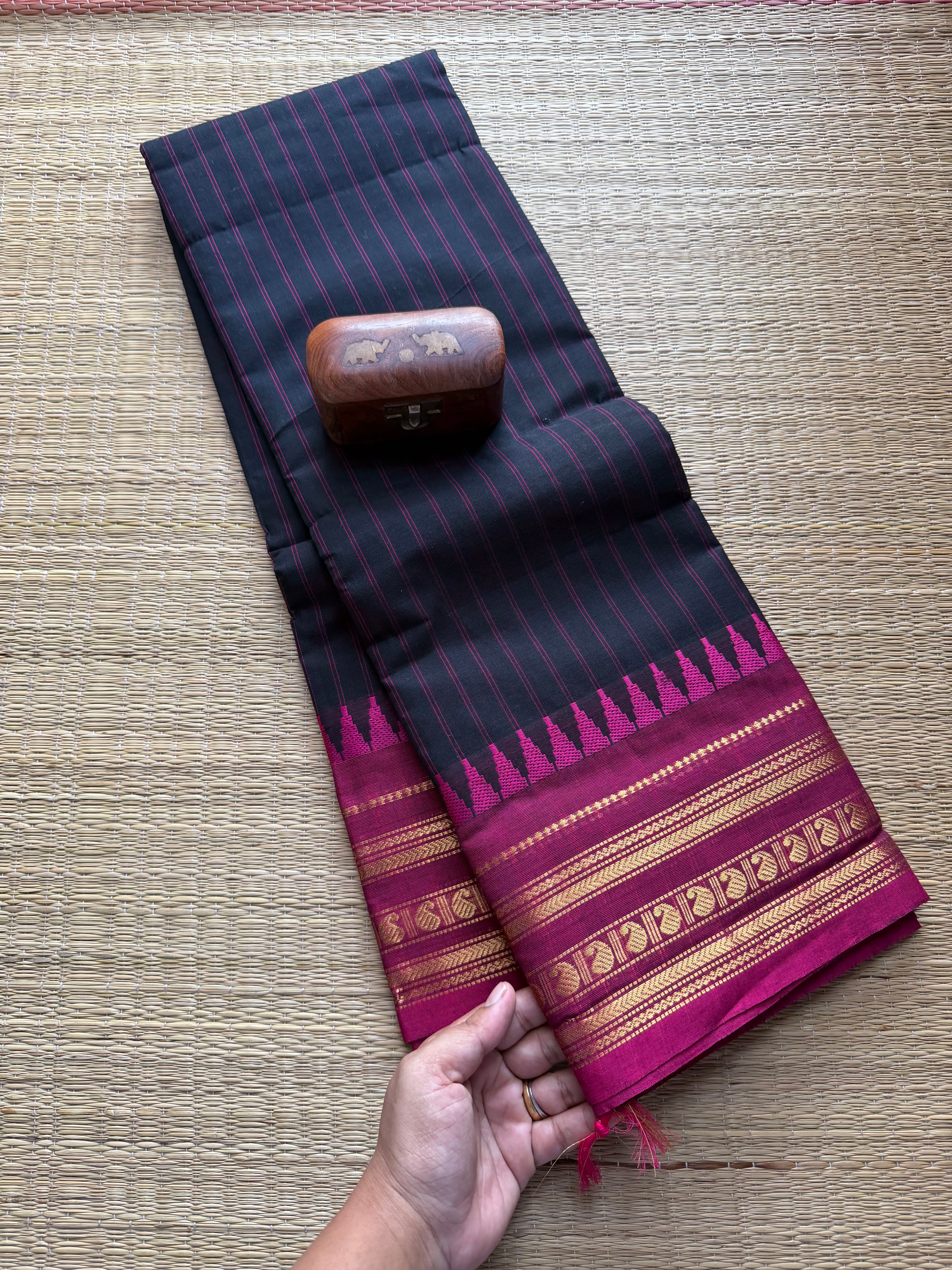 Black with pink stripped pattern Kanchi cotton saree