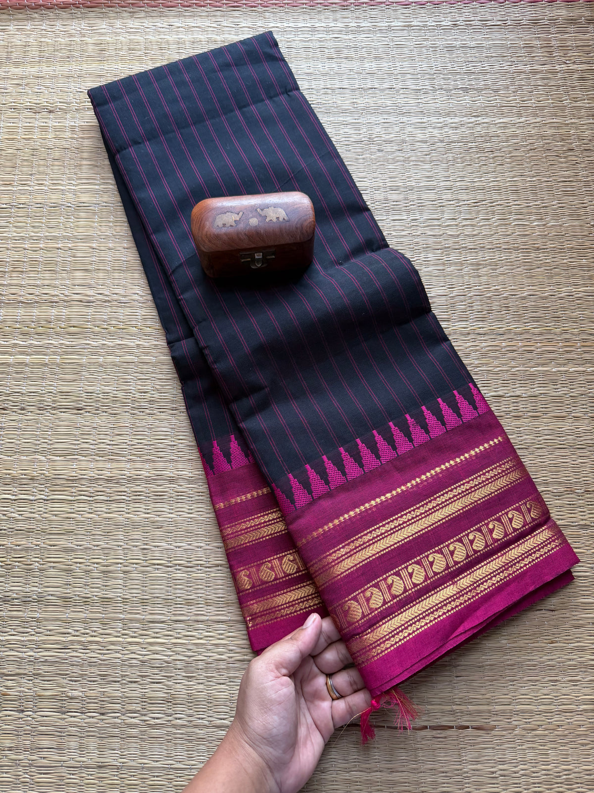 Black with pink stripped pattern Kanchi cotton saree