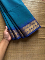 RF1022 Peacock blue shade Kanchi cotton saree with handmade thread buttas