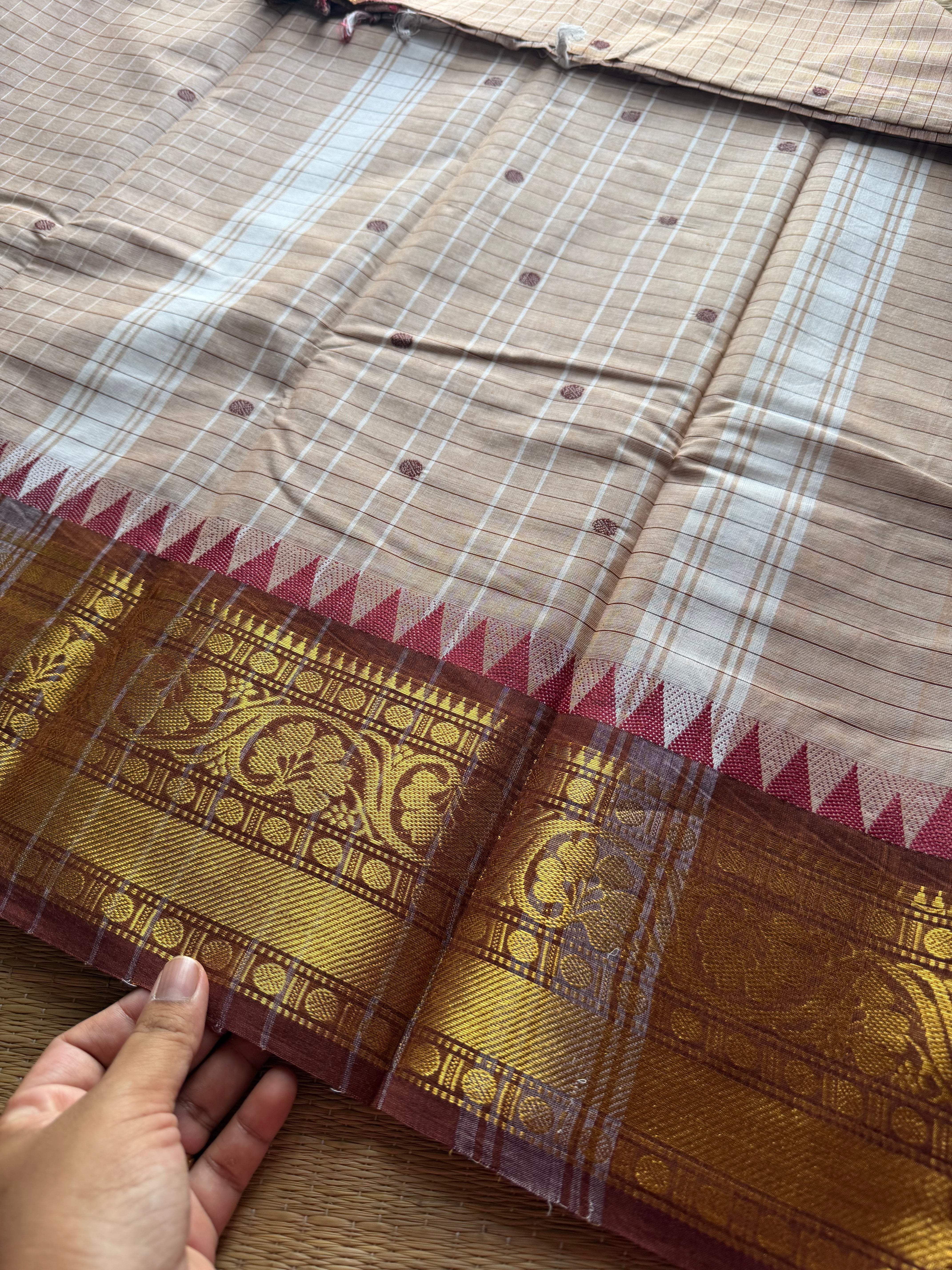 RF234 Beige With contrast light maroon combination Kanchi cotton saree with checks / Kattam pattern & handmade thread buttas