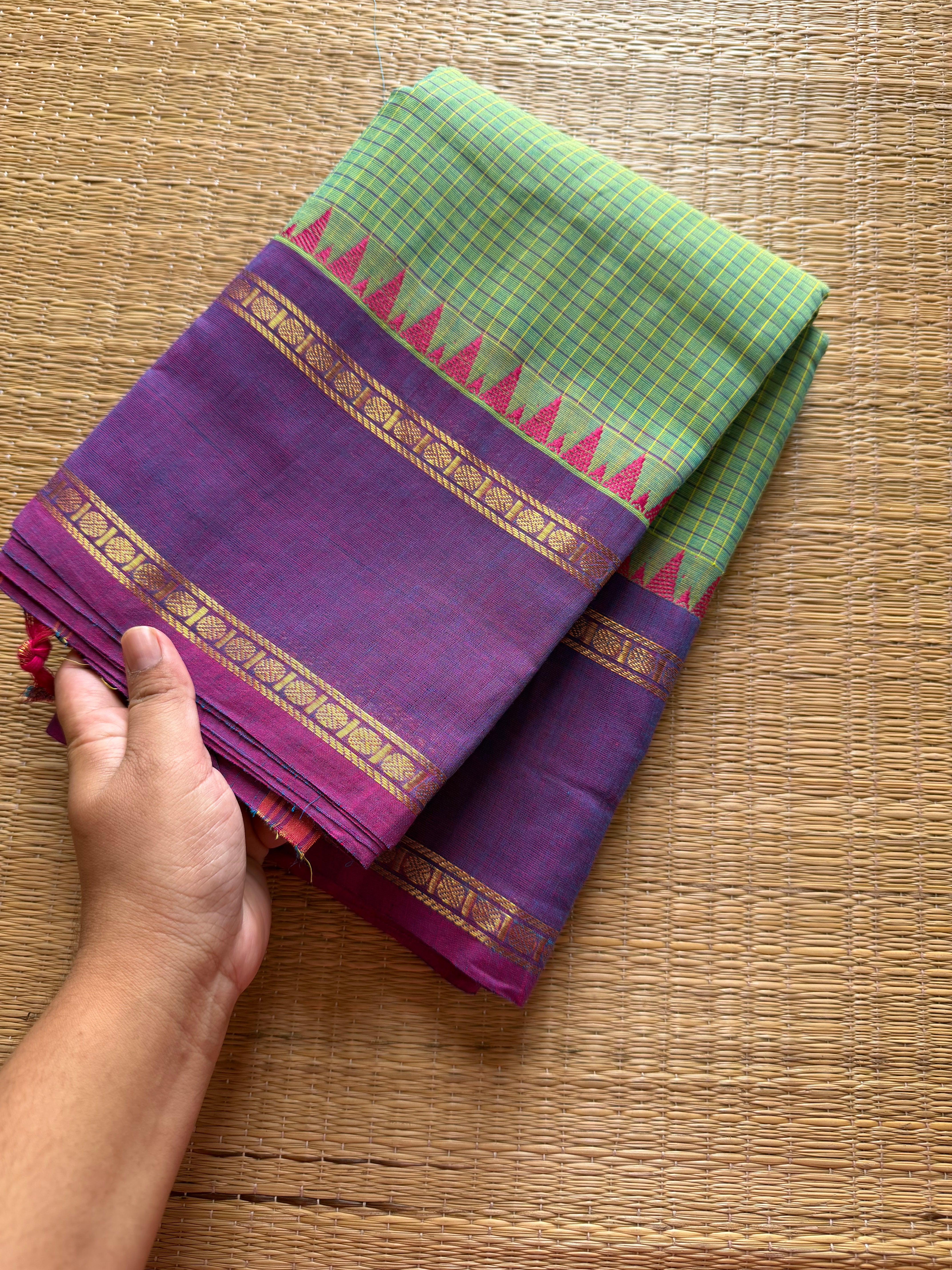 RF342 Dual tone Apple green with light purple combination vintage border Podi Kattam Kanchi cotton saree