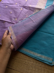 RF579 Turquoise blue shade Maheswari semi silk cotton saree with contrast light lavender shade Pallu and blouse