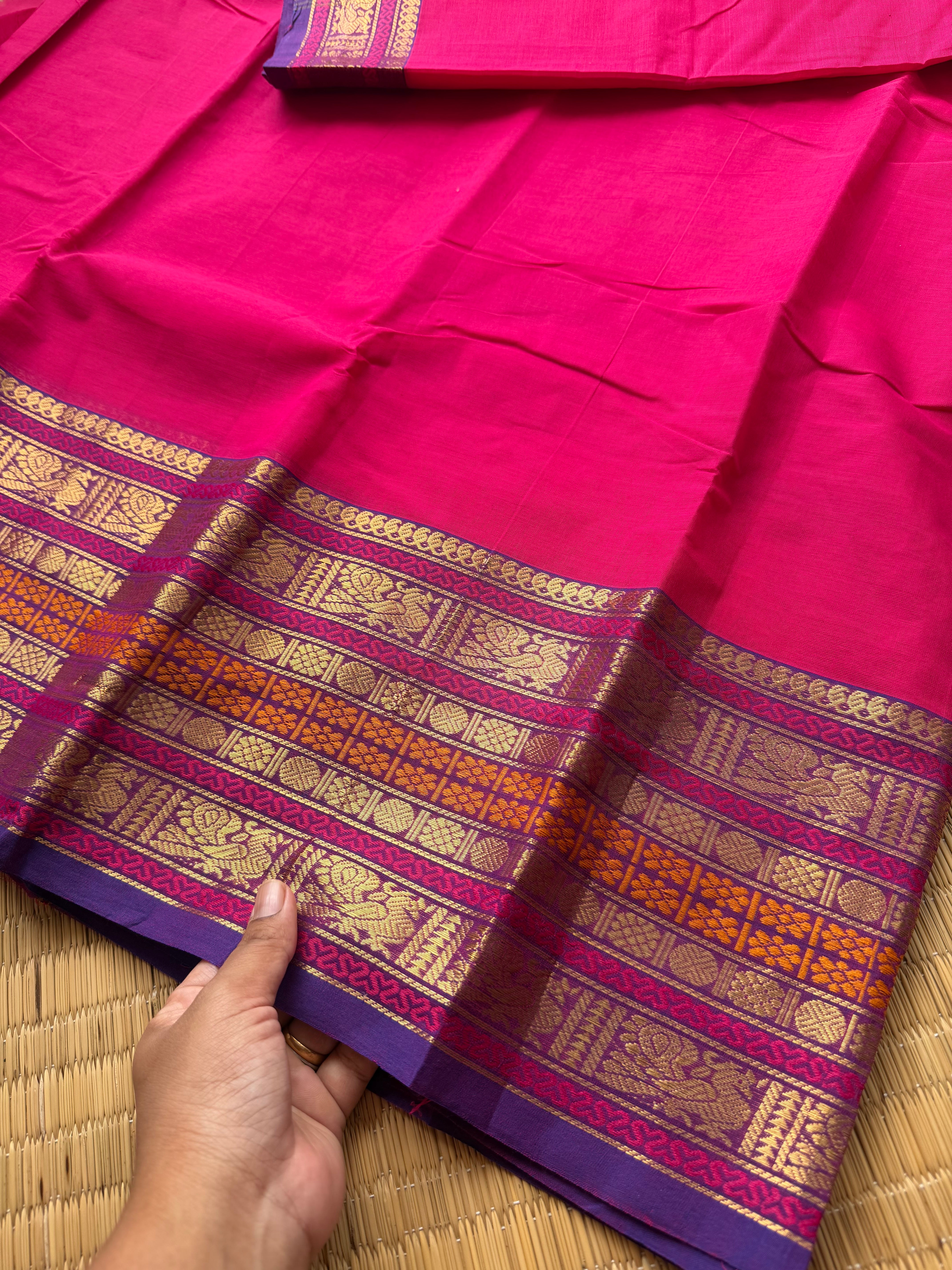 RF141 Deep pink shade Kanchi cotton saree with purple shade varisaipet border