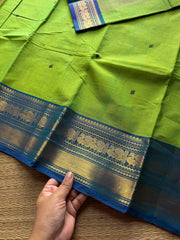 Green with blue combination Kanchi cotton saree with handmade thread buttas