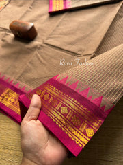 RF73 Biscuit & grey dual shade with contrast pink Zari border Kanchi cotton saree with Podi Kattam / small checks pattern